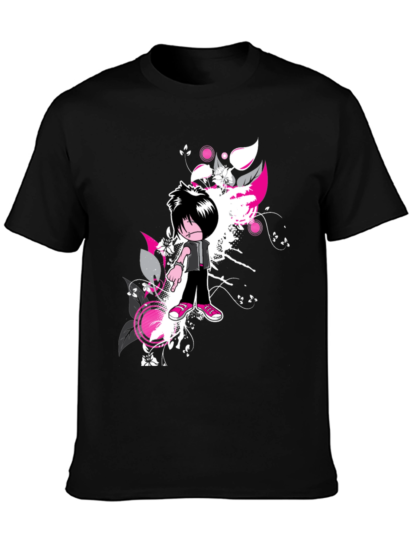 Black Emo Cartoon Graphic Black T-Shirt view 3