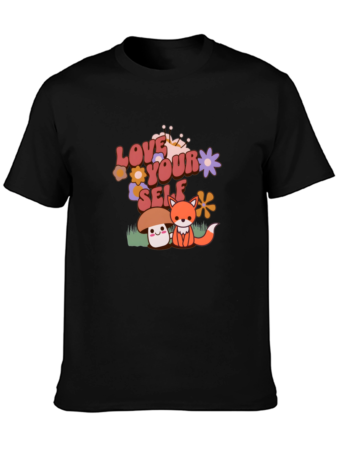 Black Love Yourself T-Shirt with Cute Mushroom and Fox Design view 3