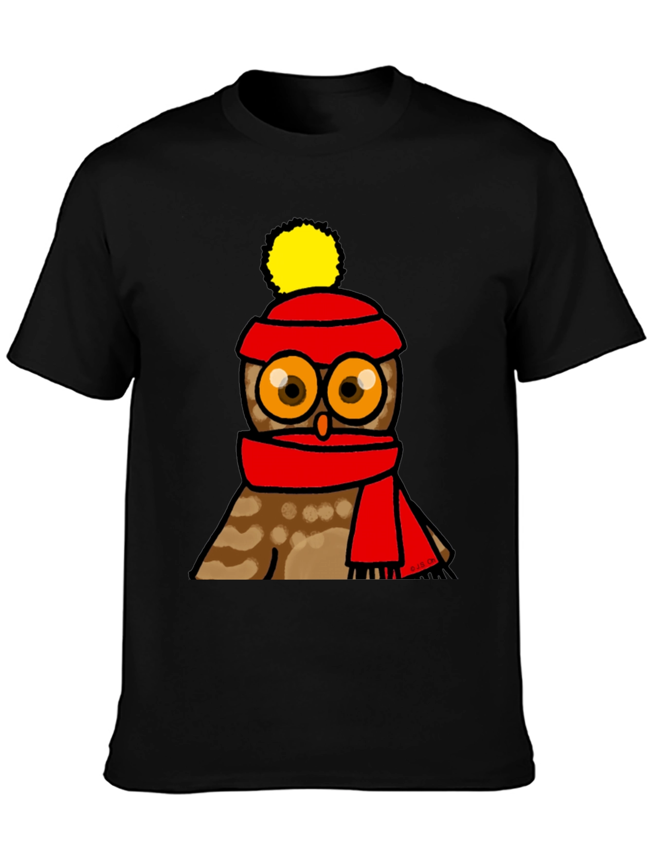 Black Cute Owl in Hat & Scarf Graphic T-Shirt view 3