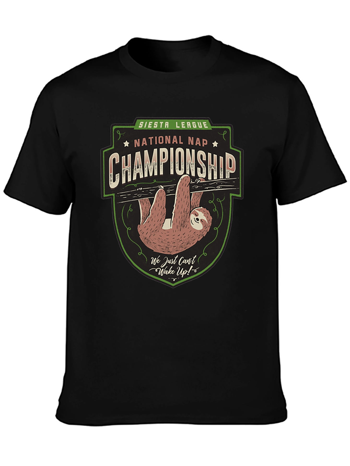 Black Siesta League National Nap Championship Sloth T-Shirt view 3
