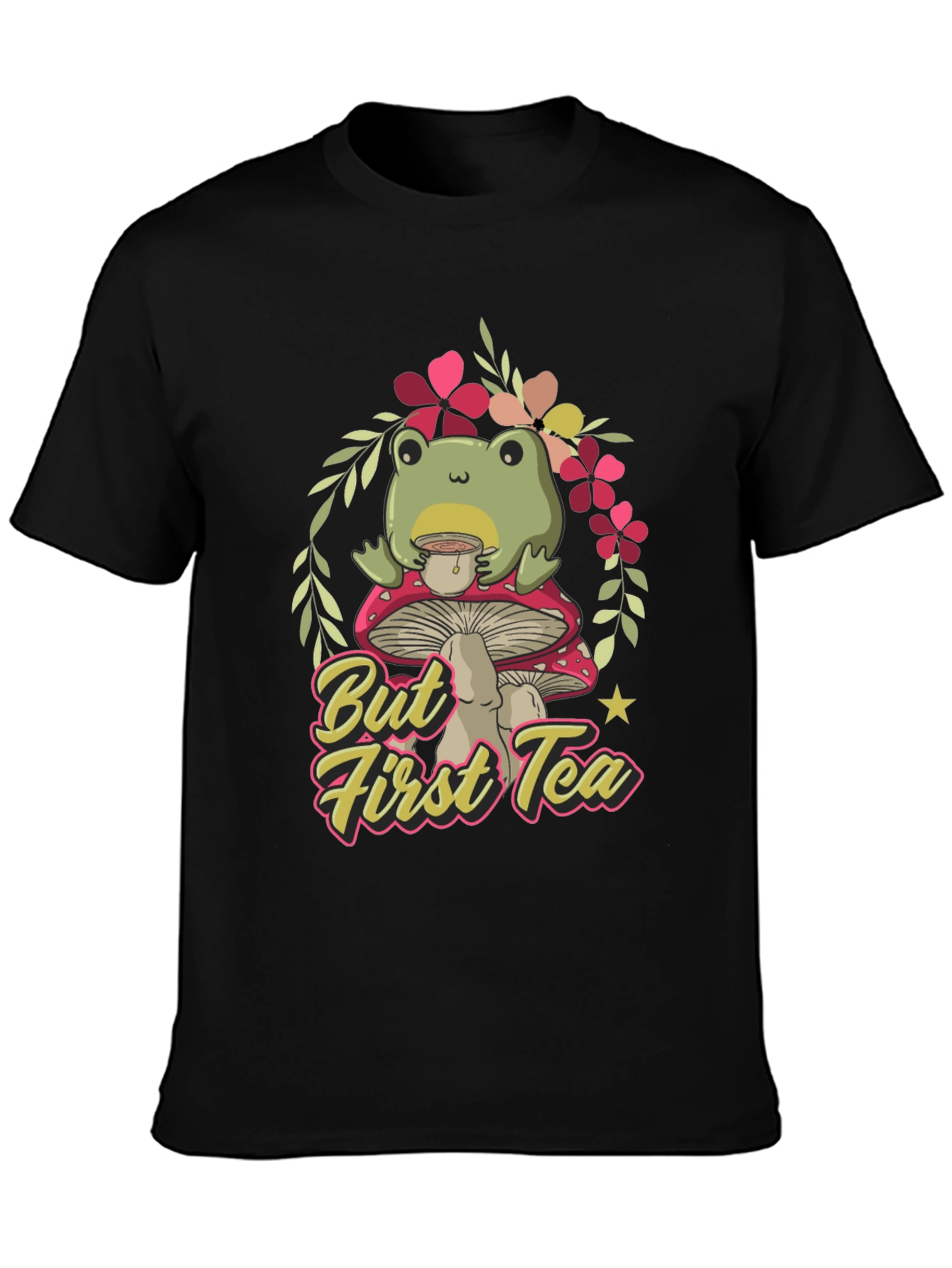 Black Frog Sipping Tea on Mushroom T-Shirt view 3