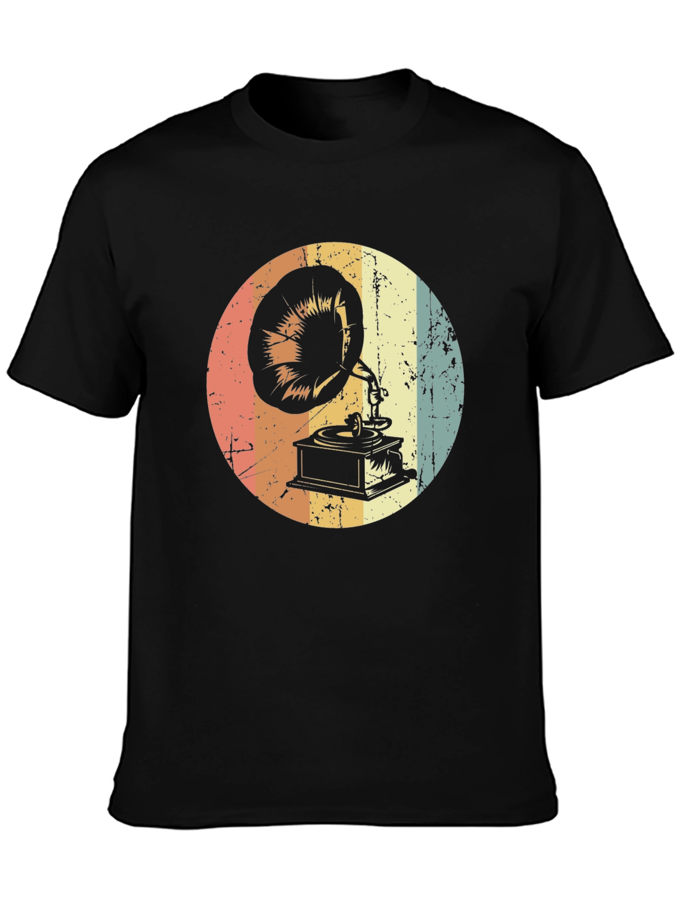 Black Vintage Phonograph Graphic Tee - Retro Music Lover Shirt view 3