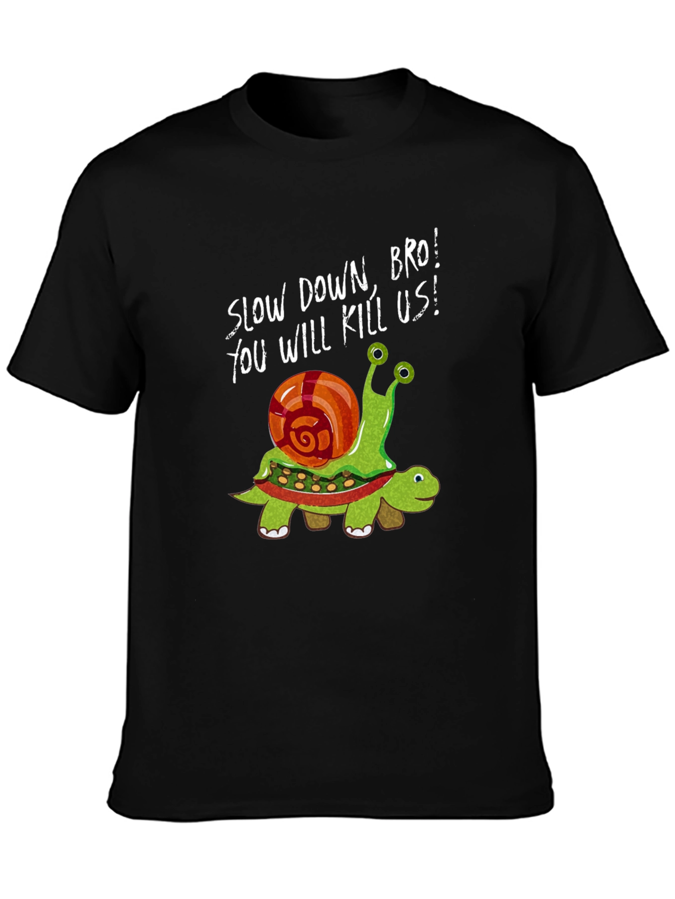 Black Funny Snail Riding Turtle Graphic Tee - Slow Down Bro! view 3