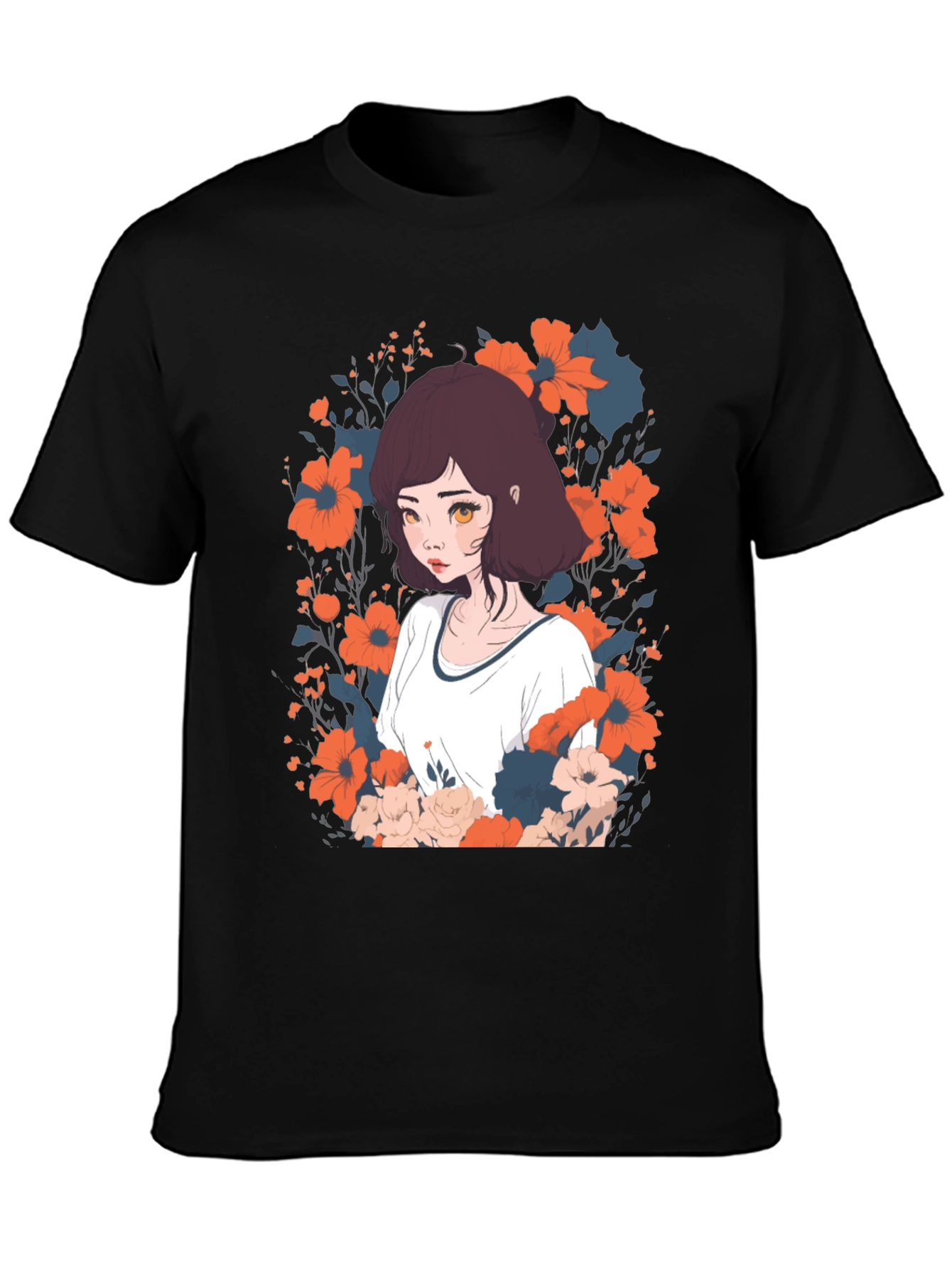 Black Floral Anime Girl Graphic Tee - Unisex Black T-Shirt view 3