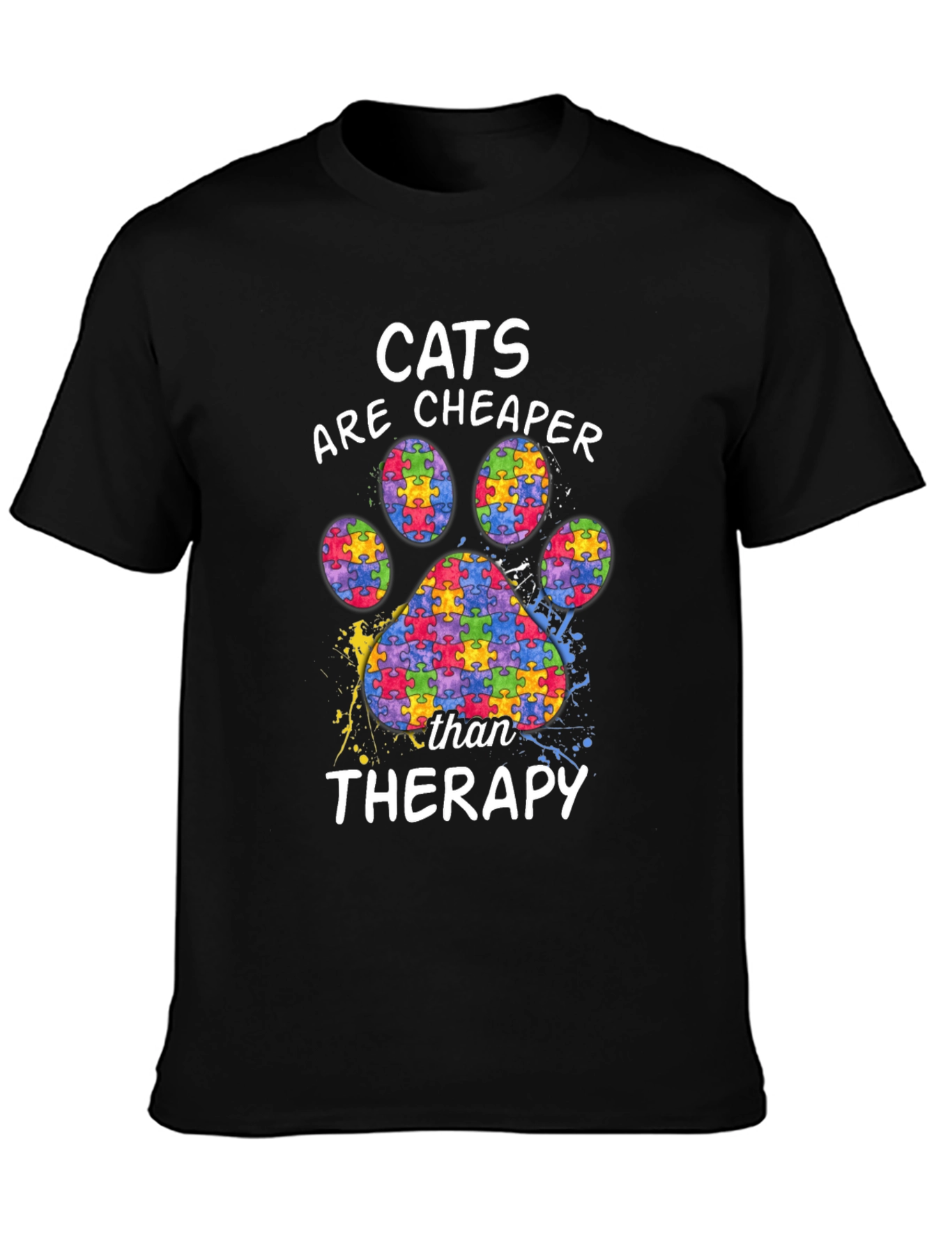 Black Cats are Cheaper Therapy Autism Awareness Puzzle Paw Print T-Shirt view 3