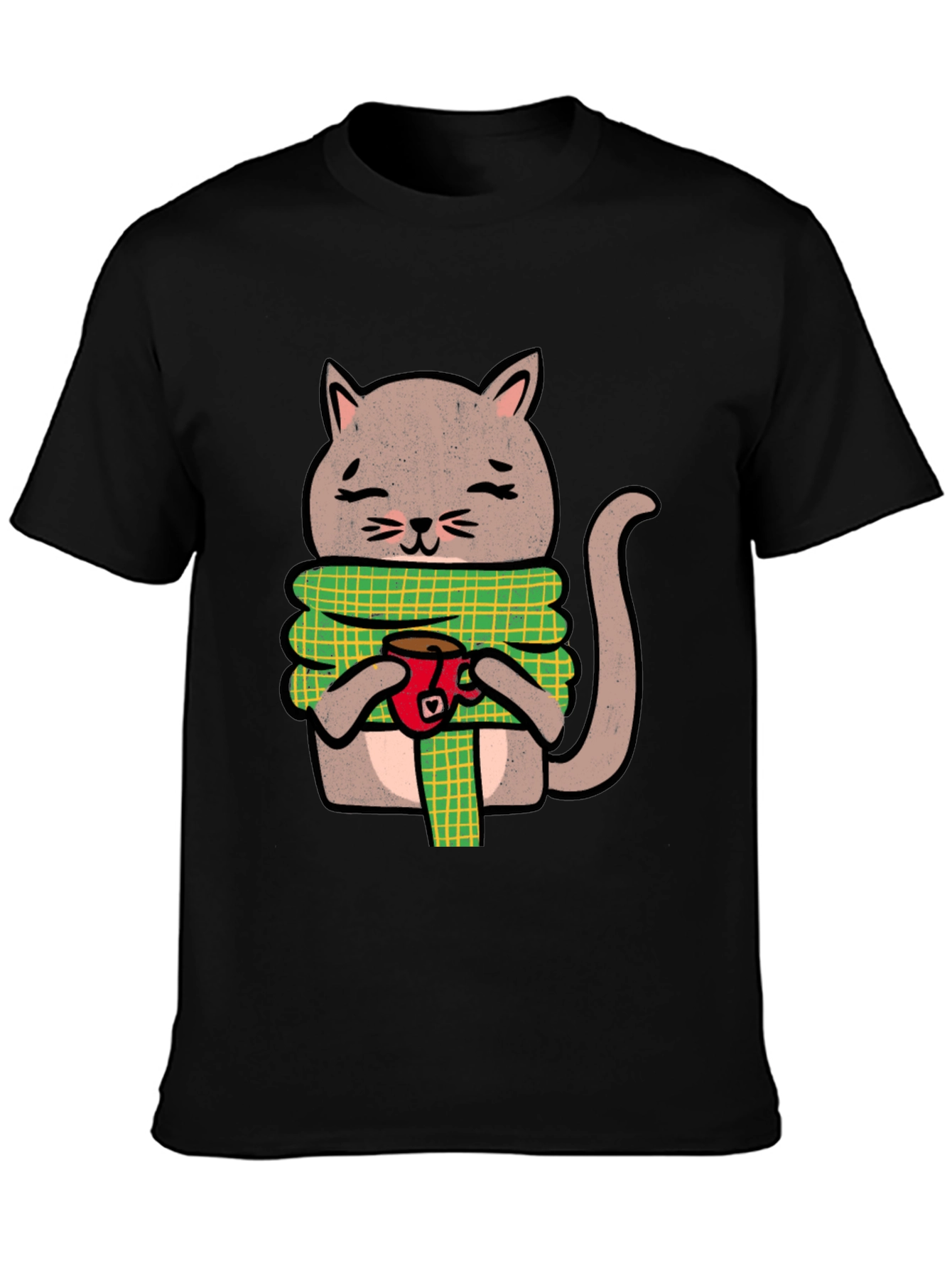 Black Cozy Cat Coffee T-Shirt - Cute Cartoon Tee view 3