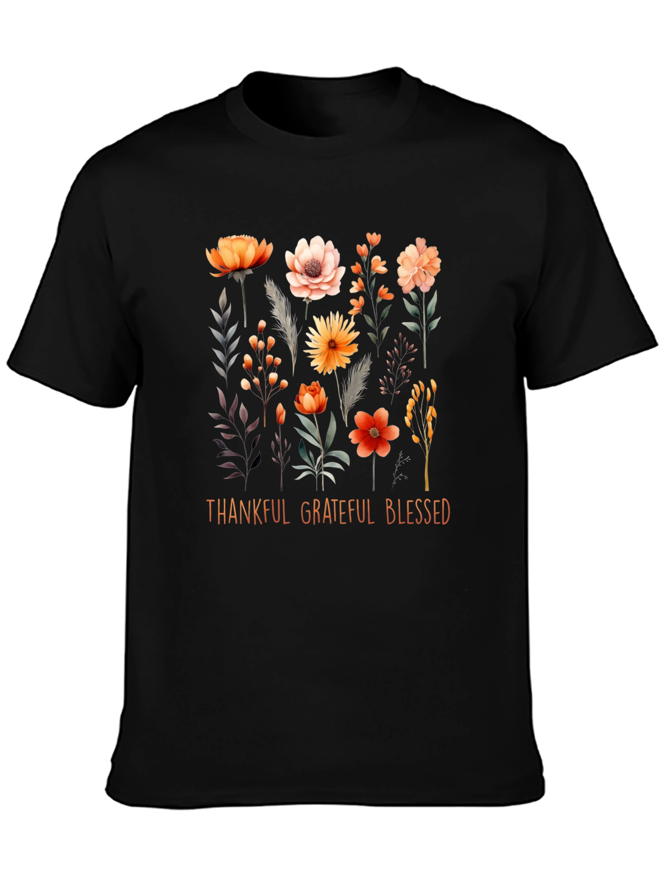 Black Thankful Grateful Blessed Floral T-Shirt view 3