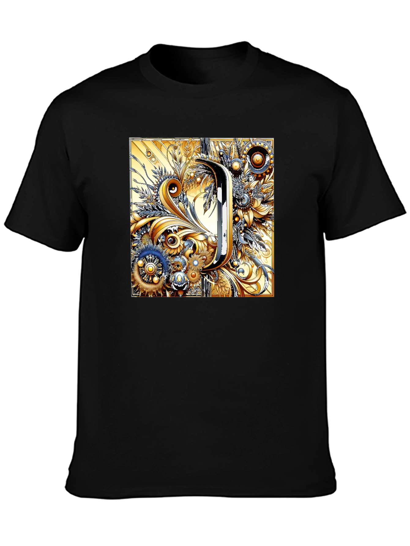 Black Steampunk Letter J T-Shirt - Ornate Floral Design view 3