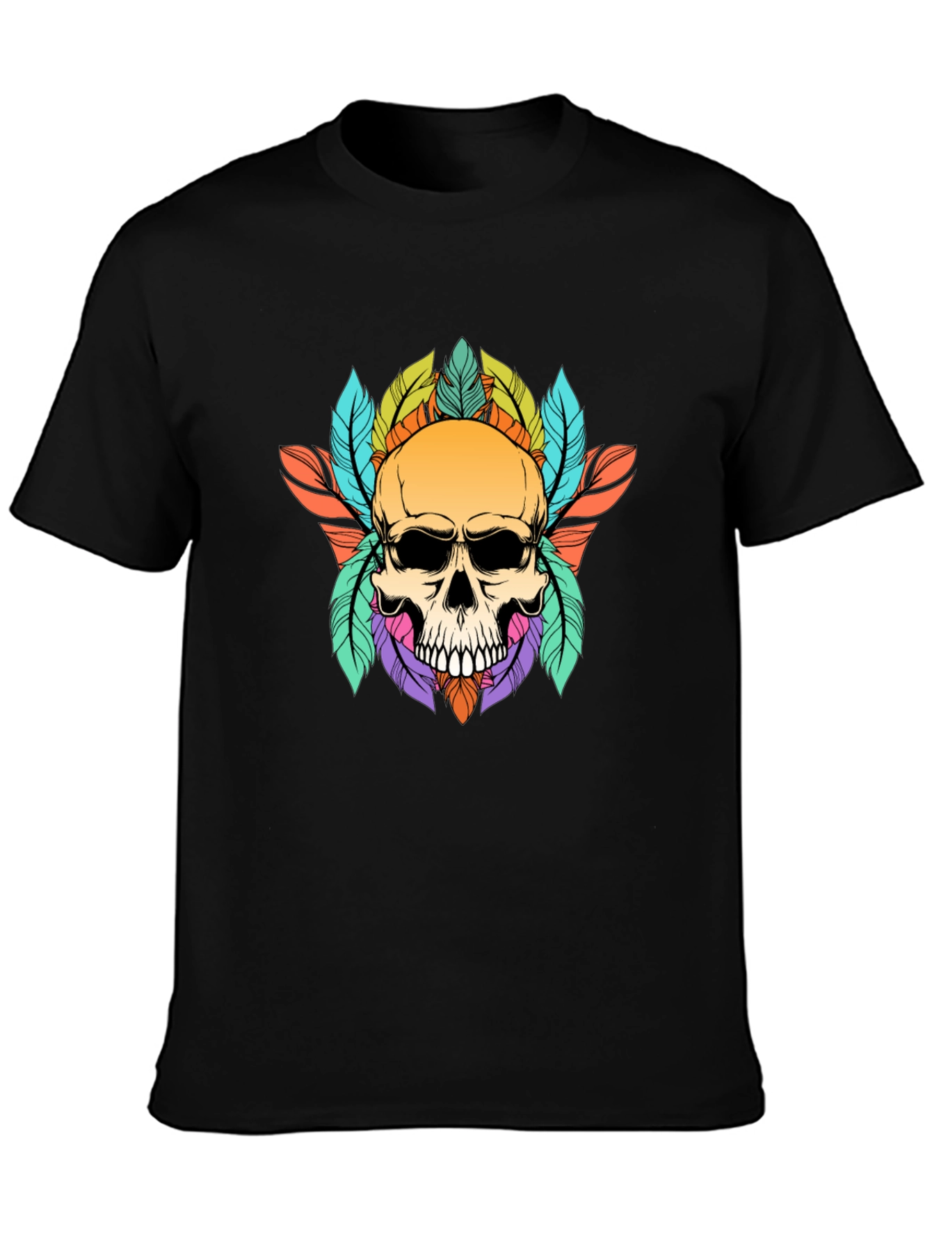 Black Skull & Feathers Graphic Black T-Shirt view 3