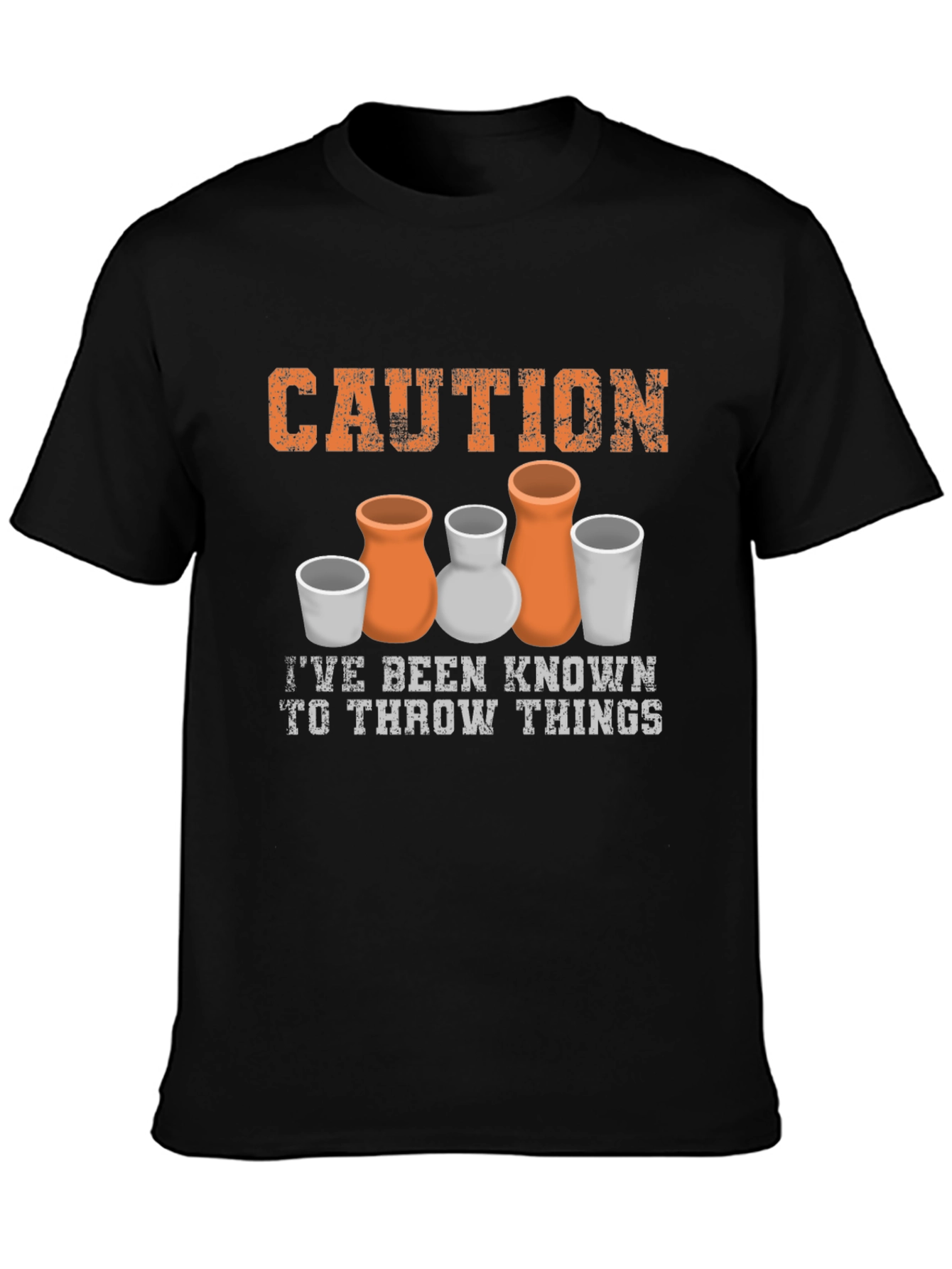 Black Caution I Throw Things Pottery T-Shirt view 3