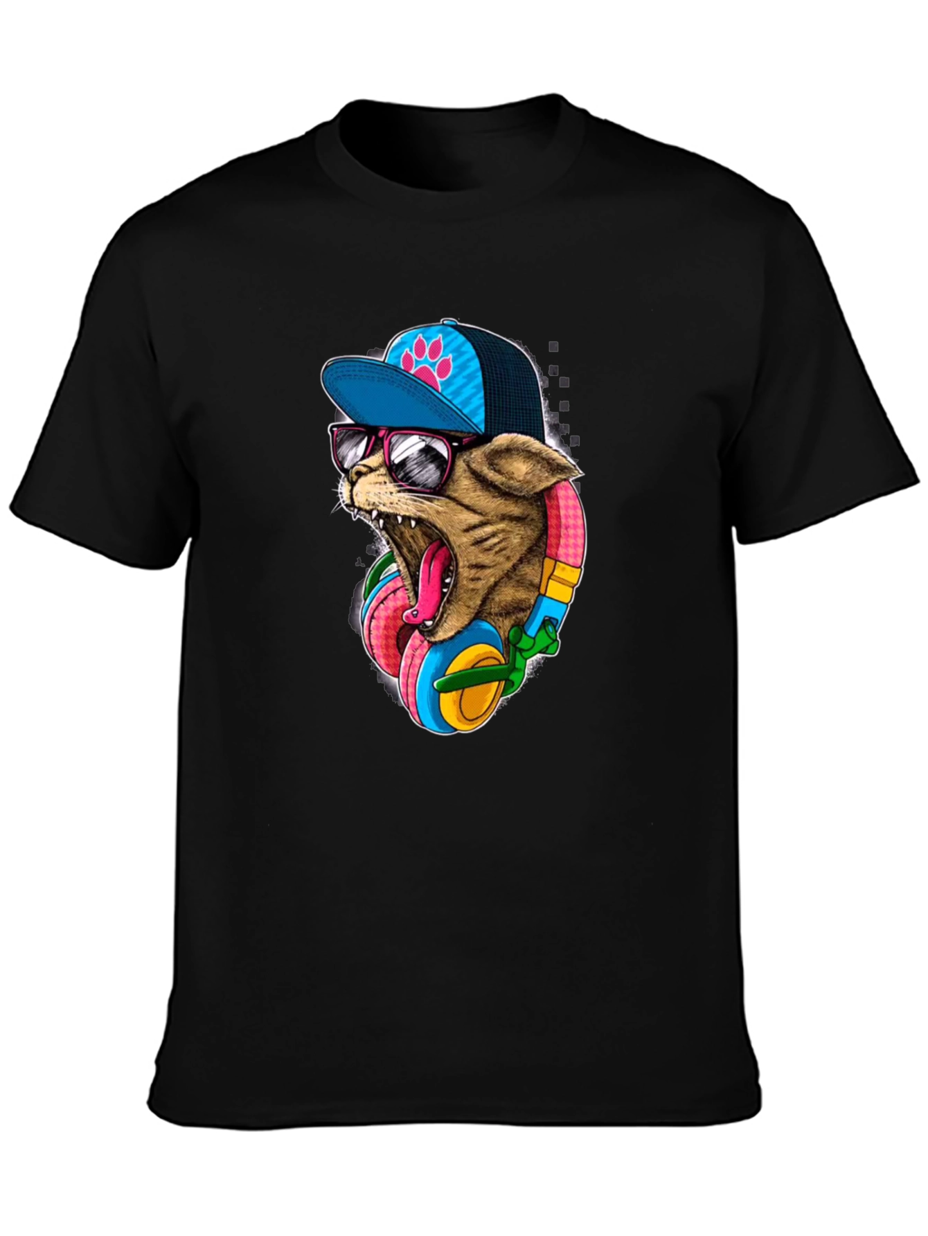 Black Cool Cat T-Shirt: Cat Wearing Headphones & Cap view 3