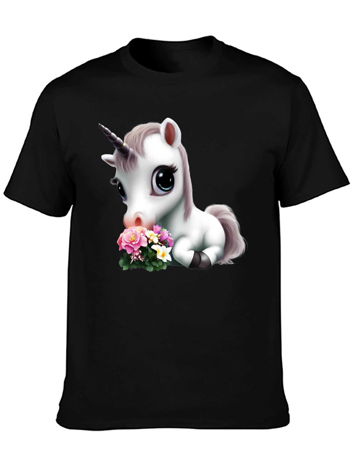 Black Cute Unicorn with Flowers Graphic T-Shirt view 3