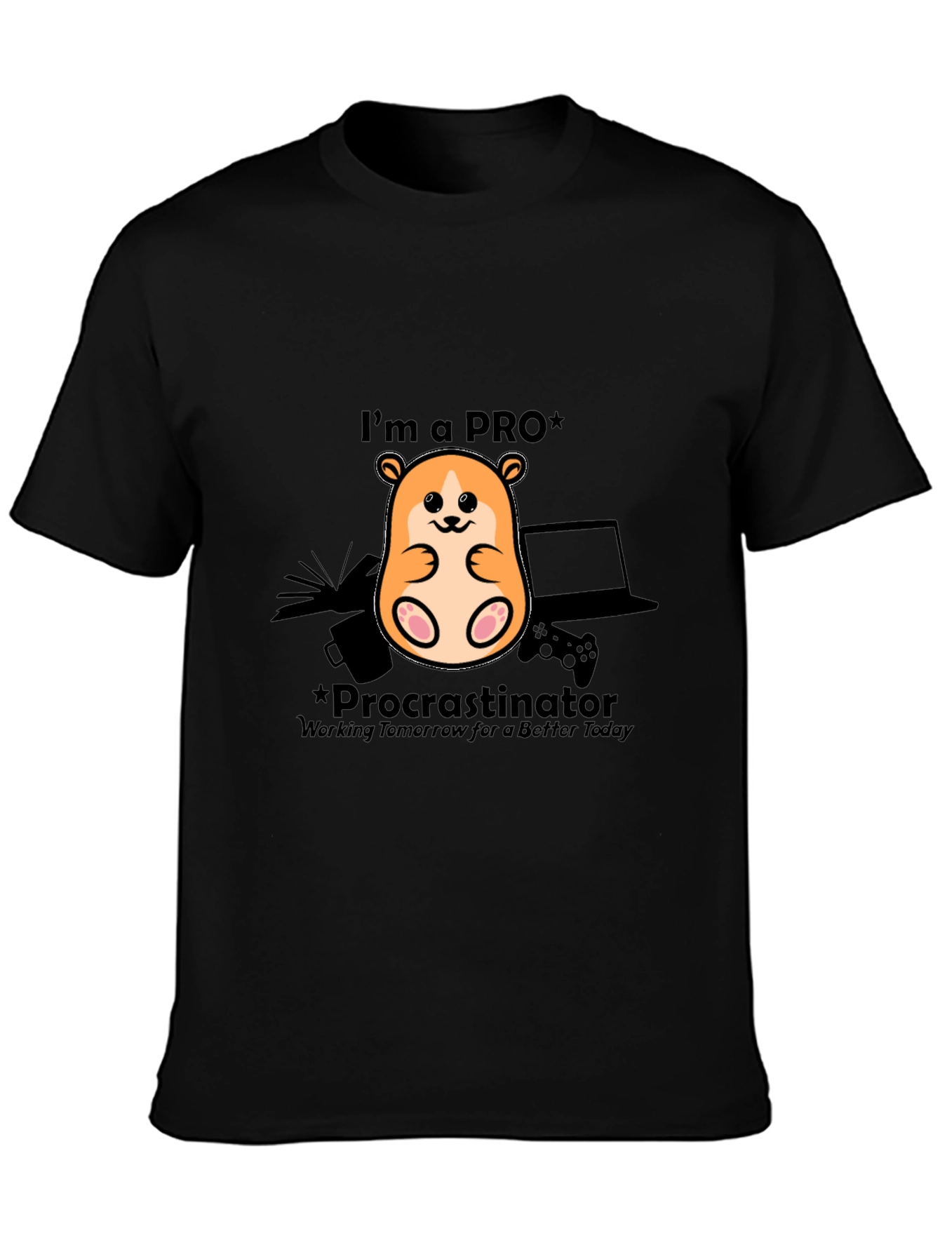 Black Procrastinator Gamer T-Shirt - Funny Hamster Design view 3