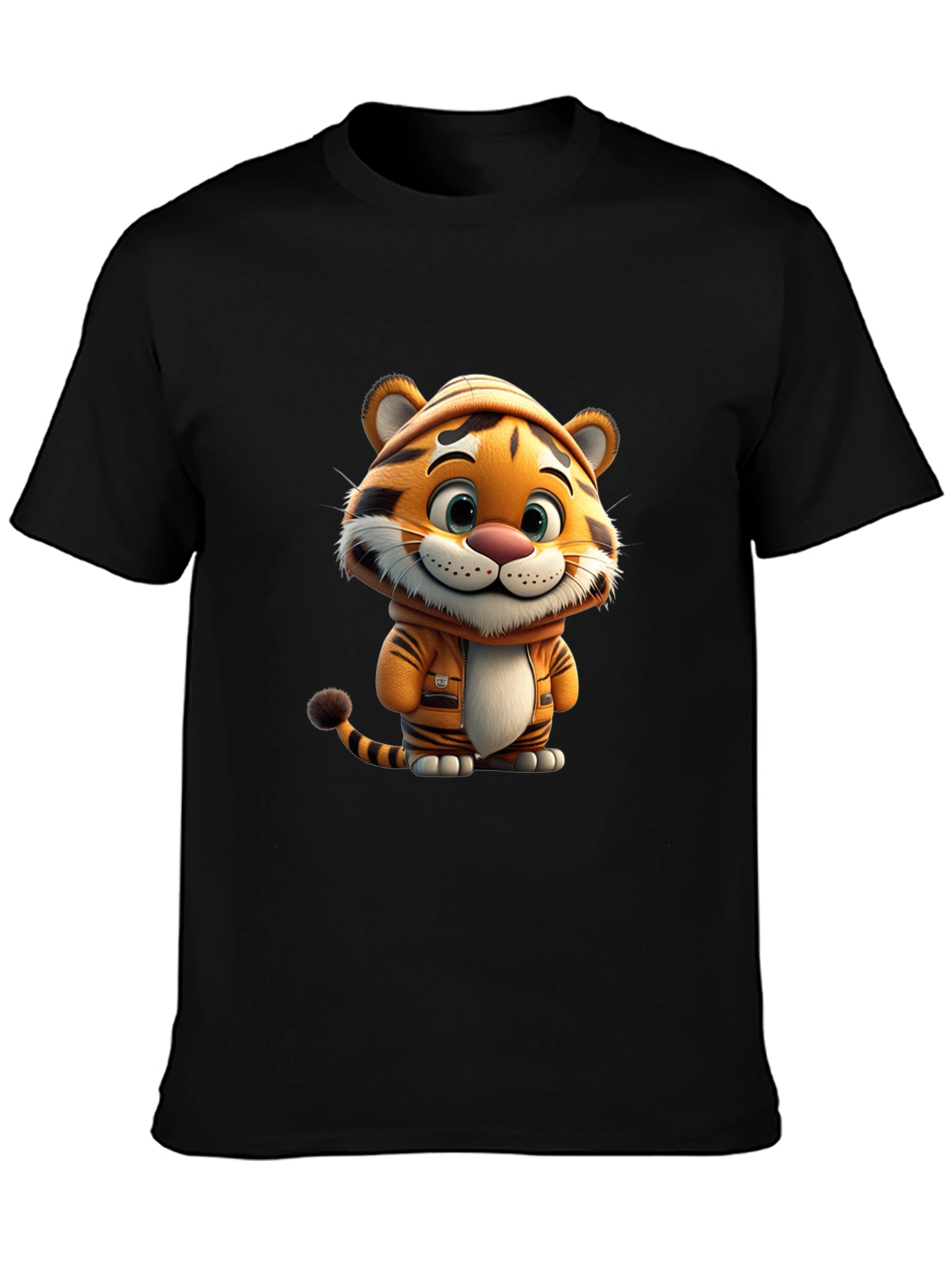 Black Cute Cartoon Tiger Black T-Shirt view 3