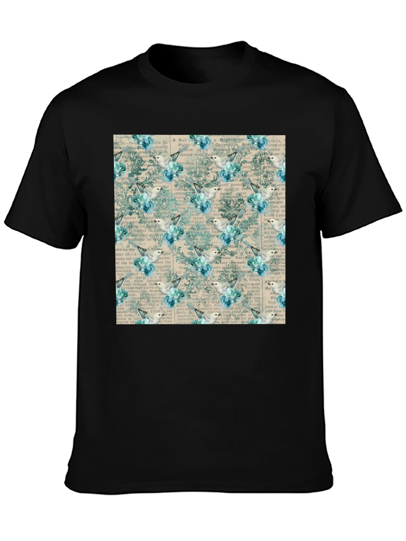 Black Vintage Bird & Floral Print Black T-Shirt view 3