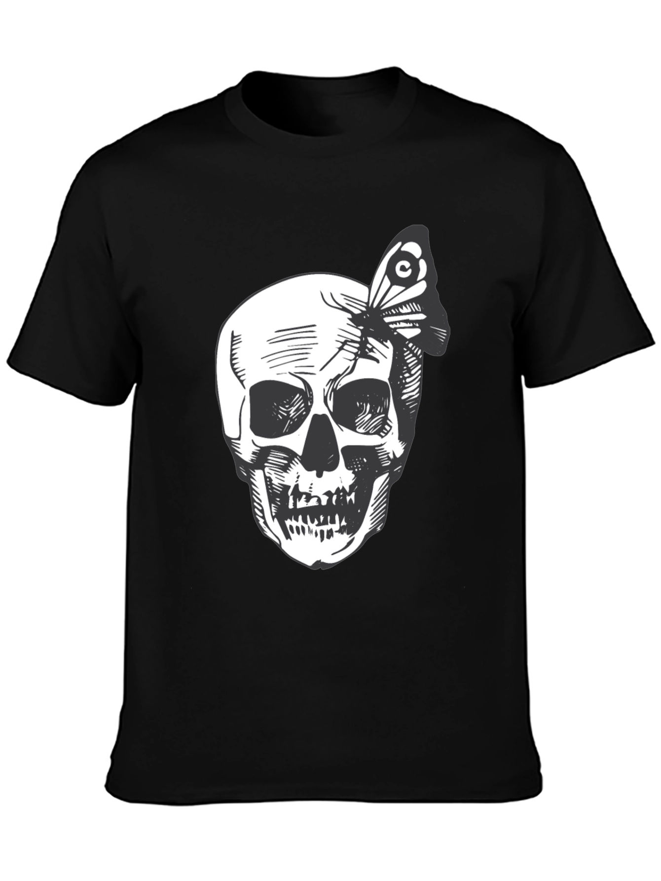 Black Skull and Butterfly Graphic Tee - Black Cotton view 3