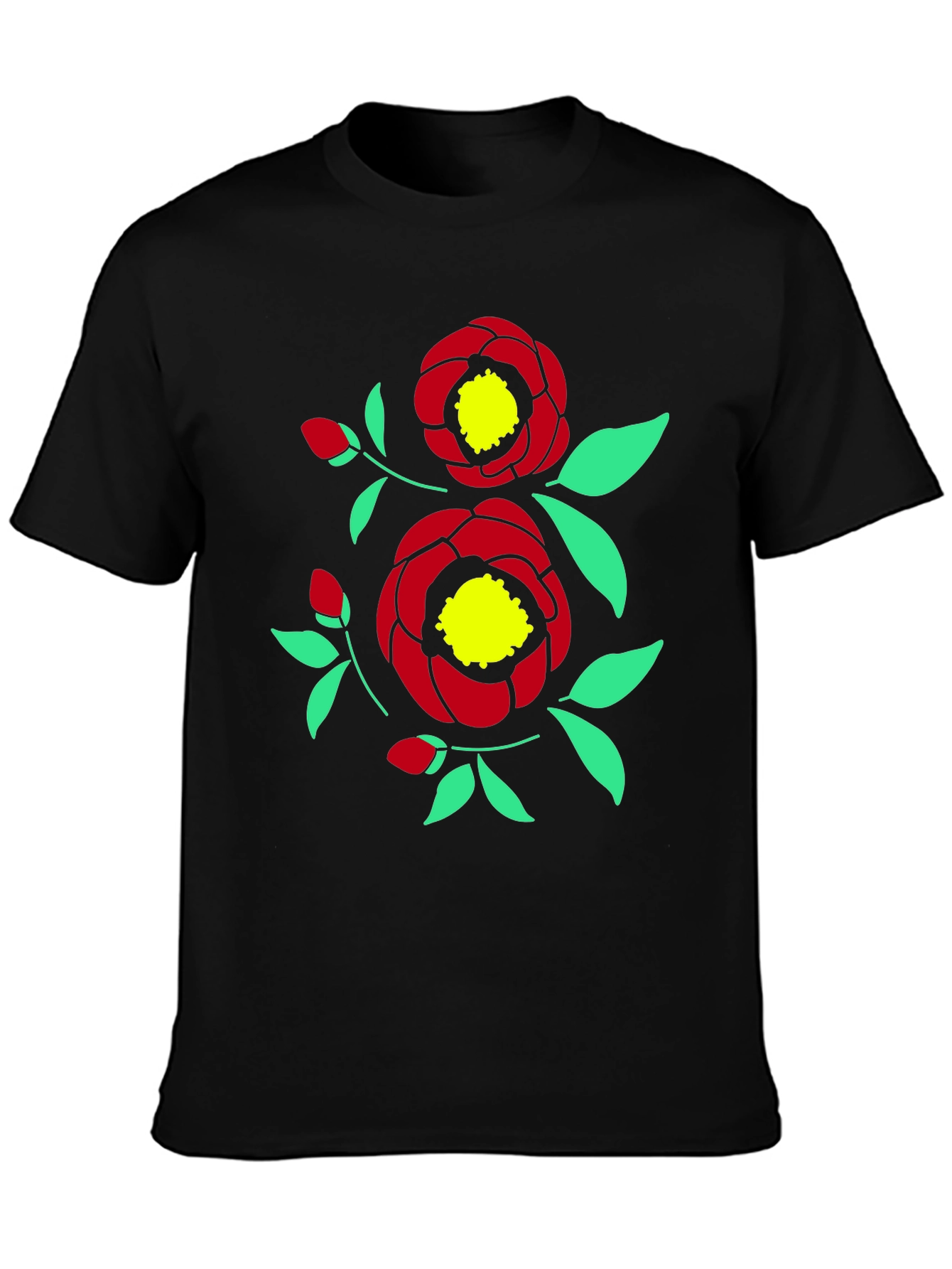 Black Floral Print Tee - Black Cotton Casual view 3