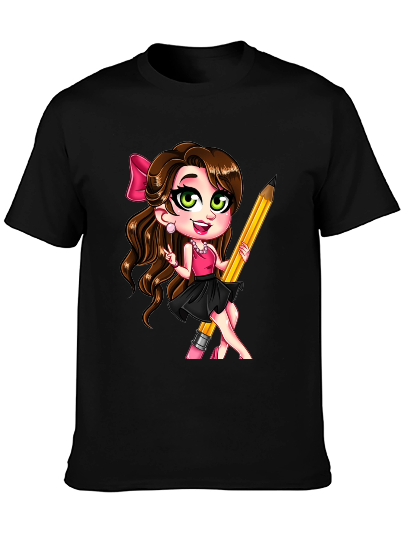 Black Fun Cartoon Girl with Pencil Black T-Shirt view 3