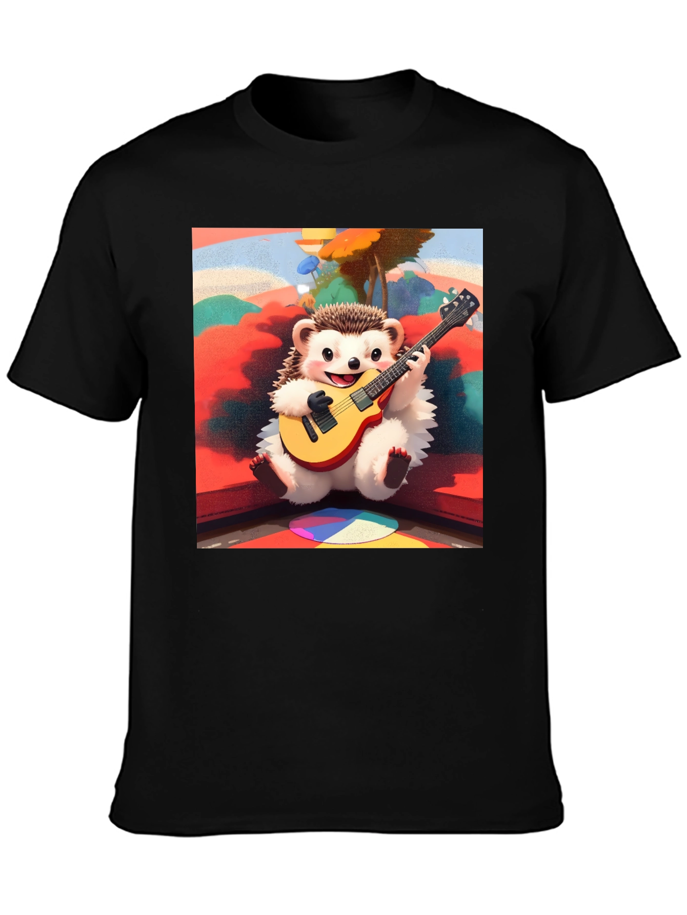 Black Playful Hedgehog Guitarist Graphic Tee view 3
