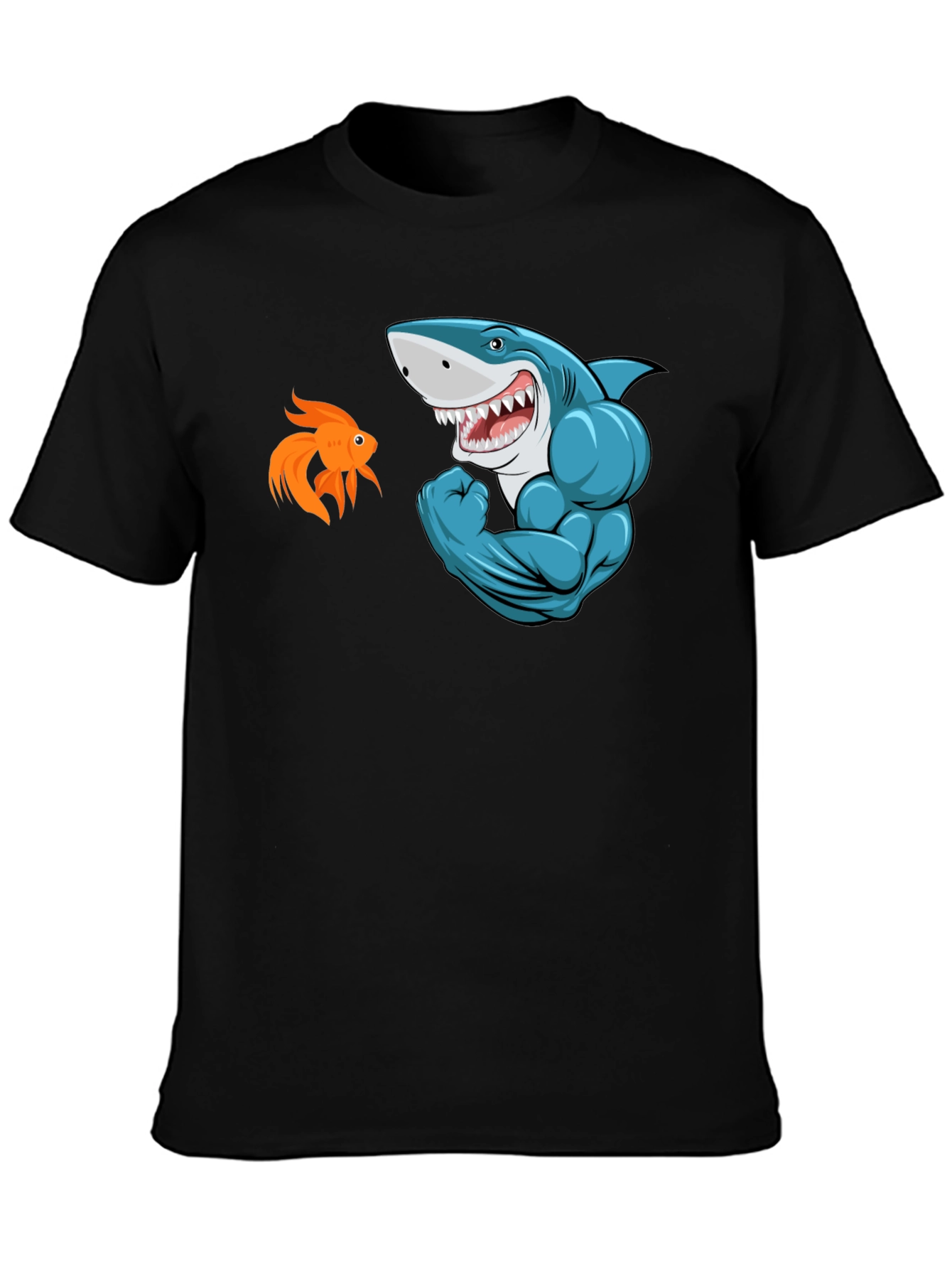 Black Funny Shark vs Goldfish Graphic Tee view 3