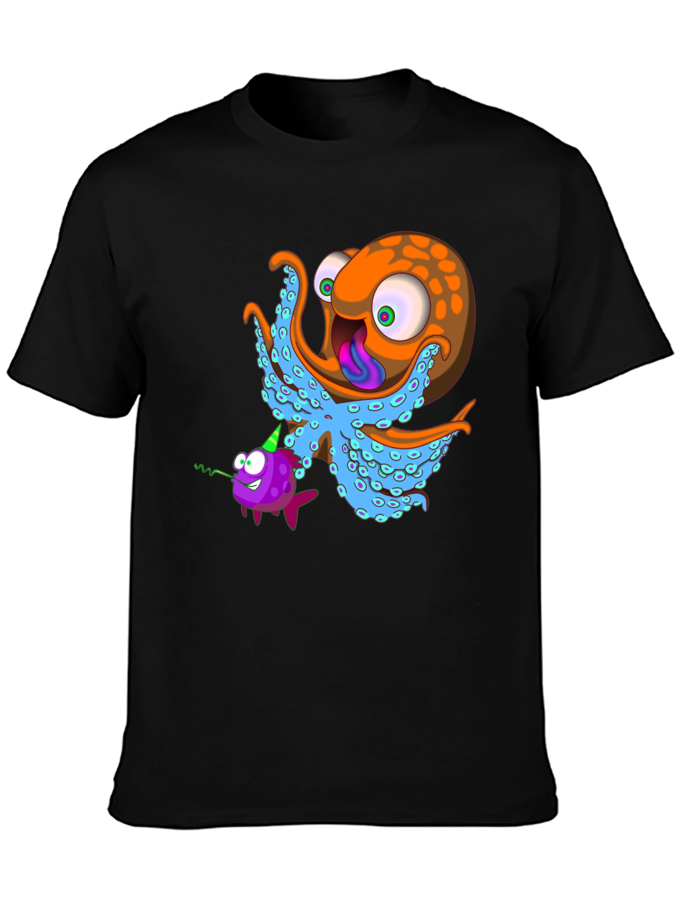Black Octopus & Fish Graphic Tee - Unique Cartoon Design view 3