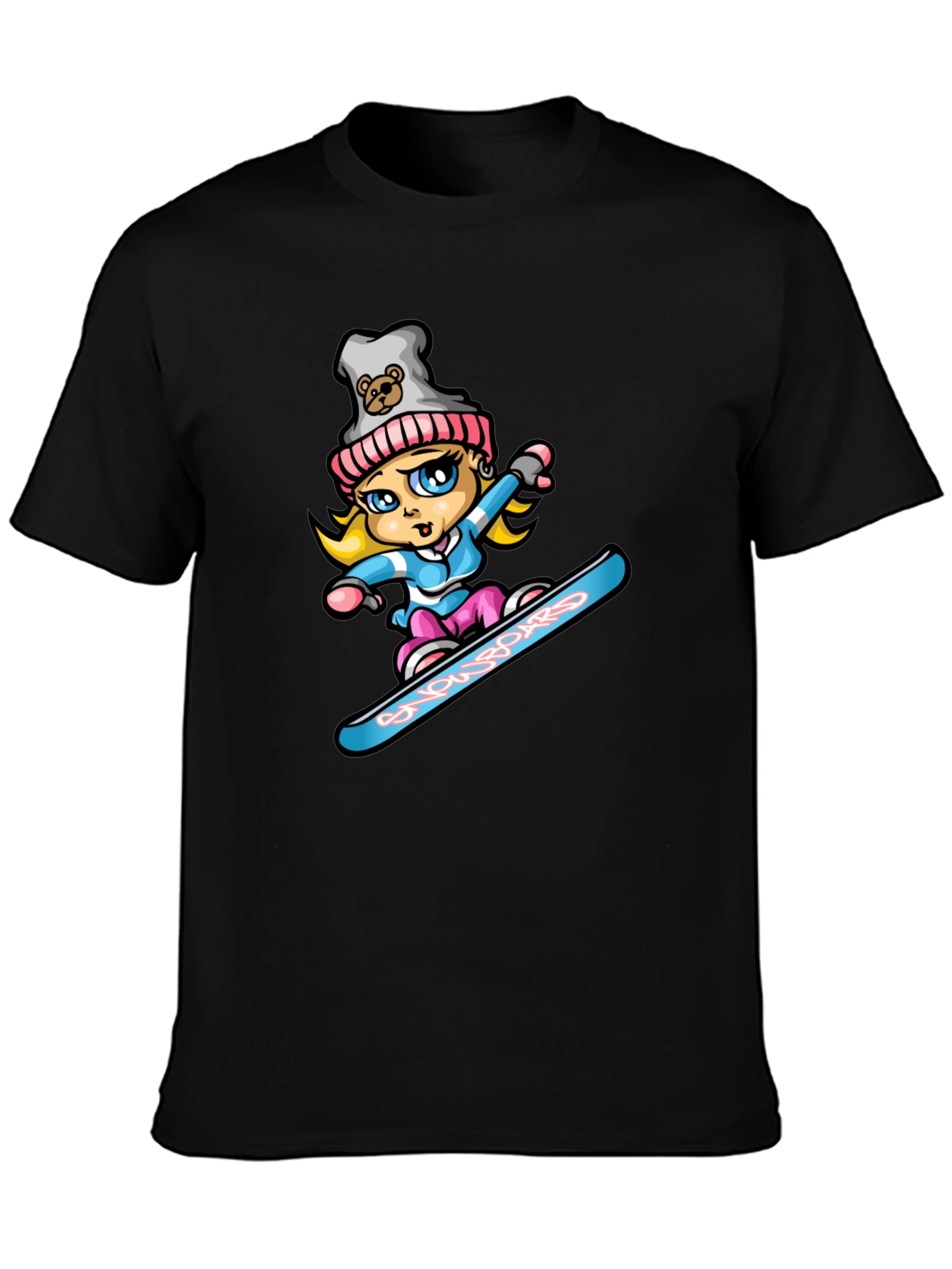 Black Snowboard Girl T-Shirt - Cartoon Graphic Tee view 3