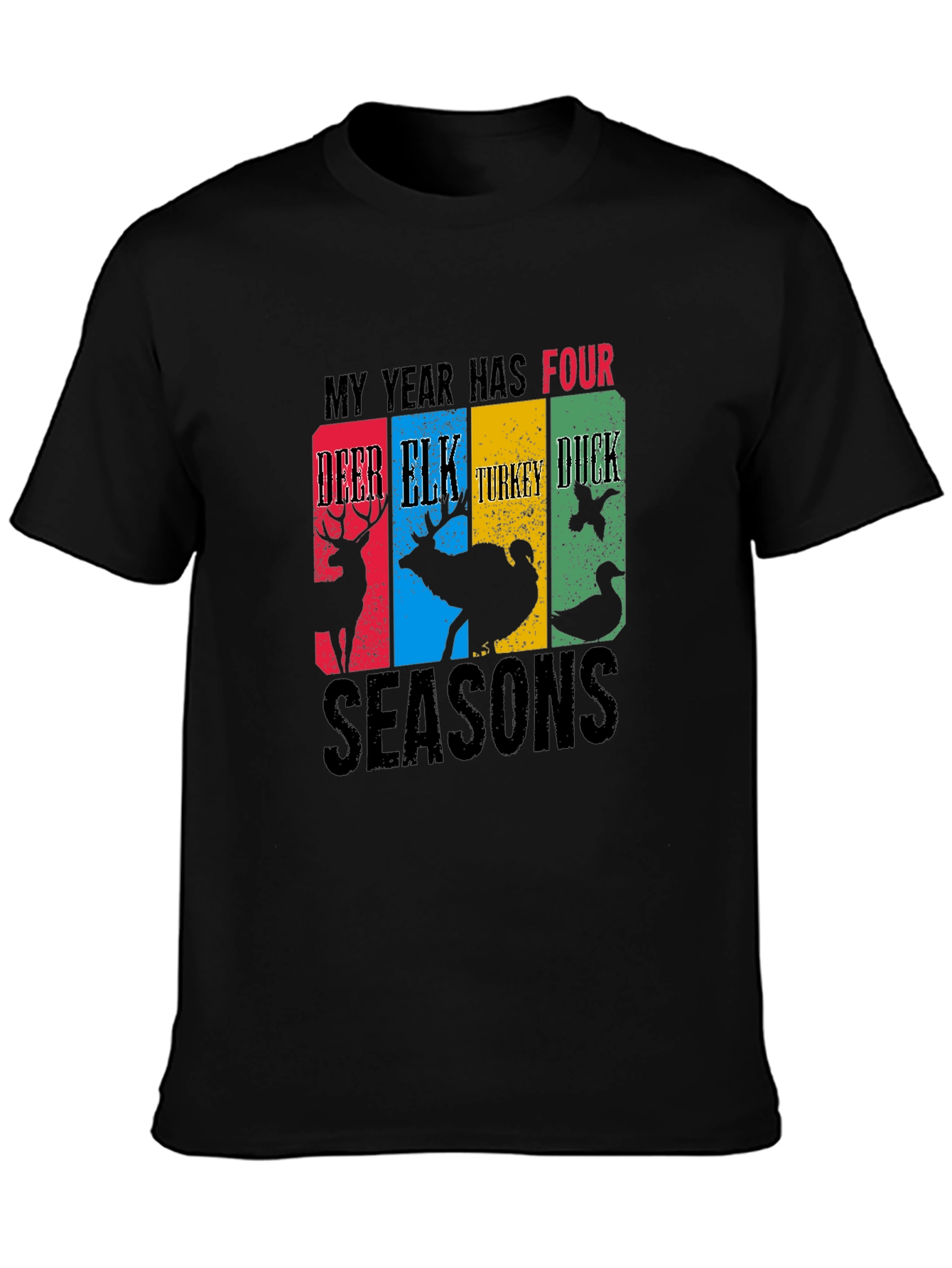 Black Four Seasons Hunting T-Shirt Deer Elk Turkey Duck view 3