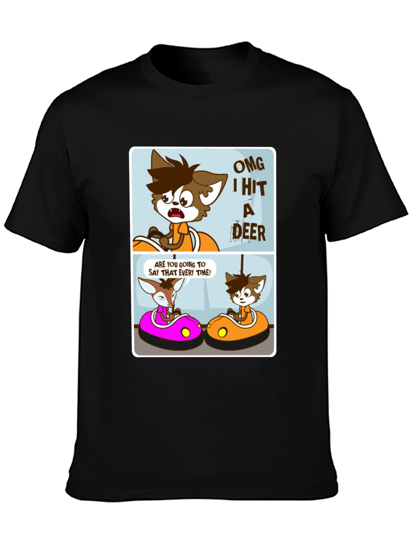 Black Cartoon Deer Bumper Cars Black T-Shirt view 3