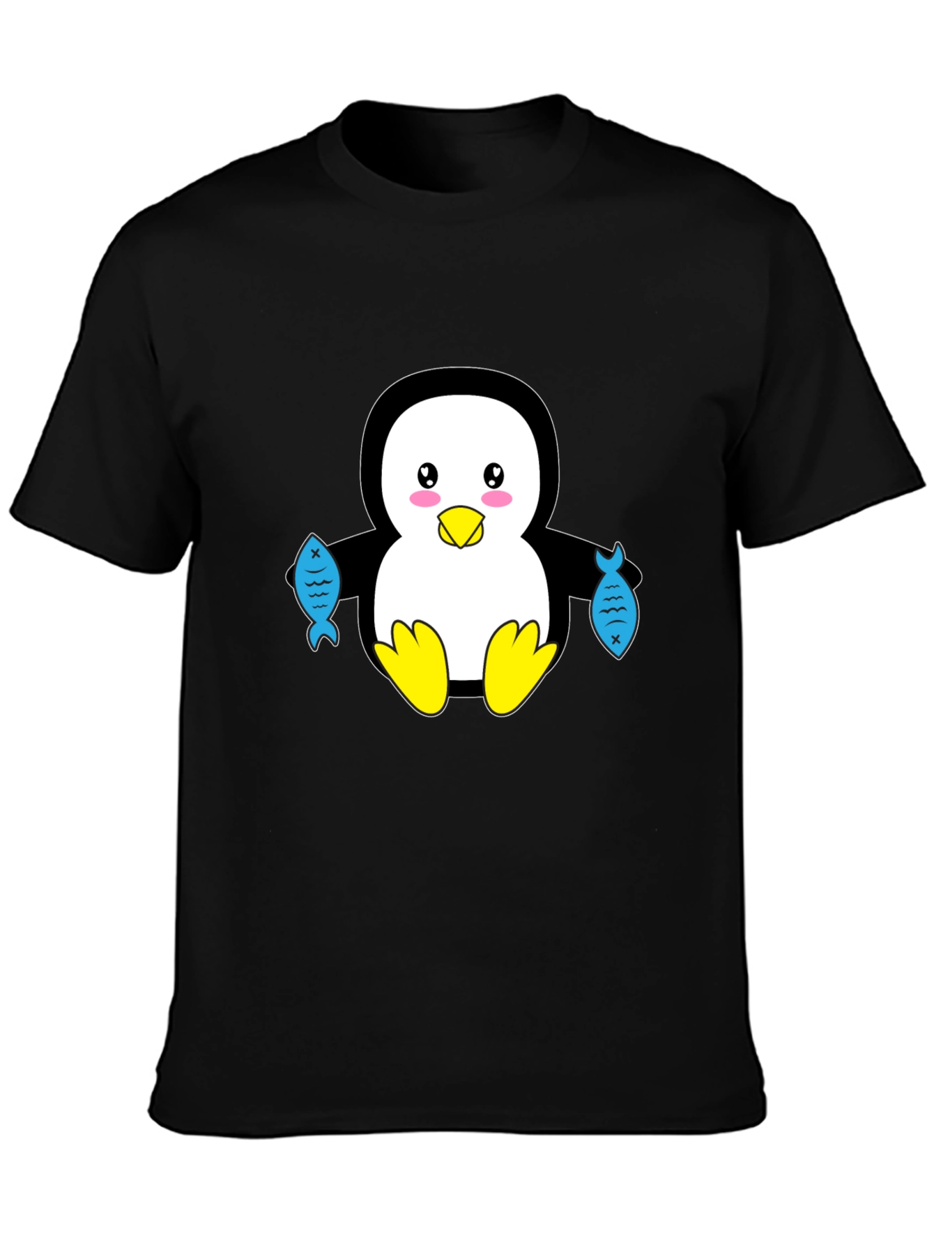 Black Cute Penguin Holding Fish Graphic T-Shirt view 3