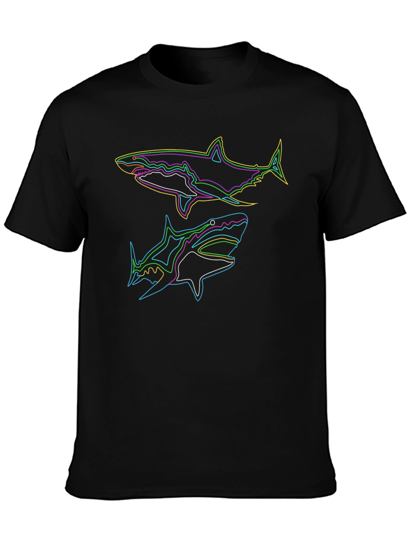 Black Neon Sharks Graphic Black T-Shirt view 3
