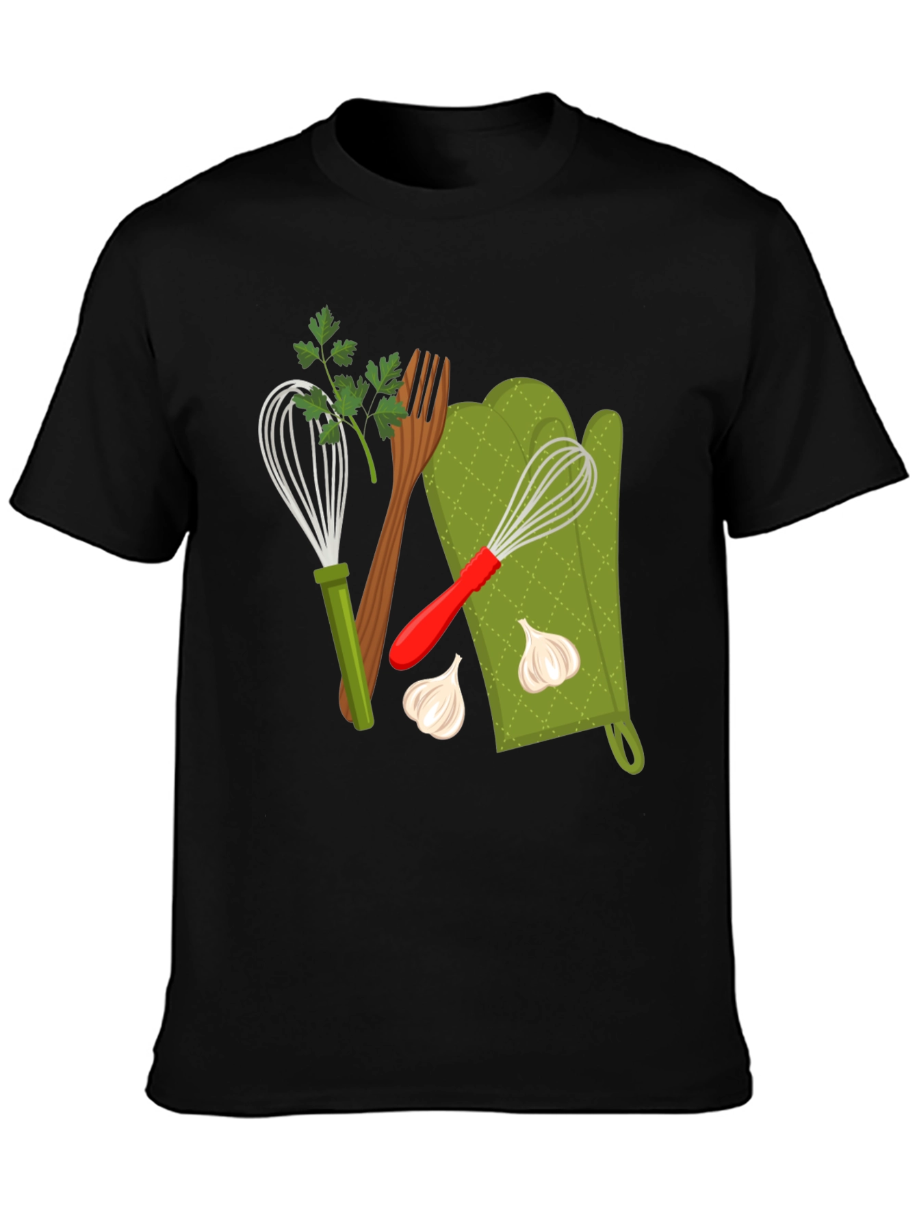 Black Cooking Lover Graphic T-Shirt: Whisk, Fork, and Garlic Design view 3