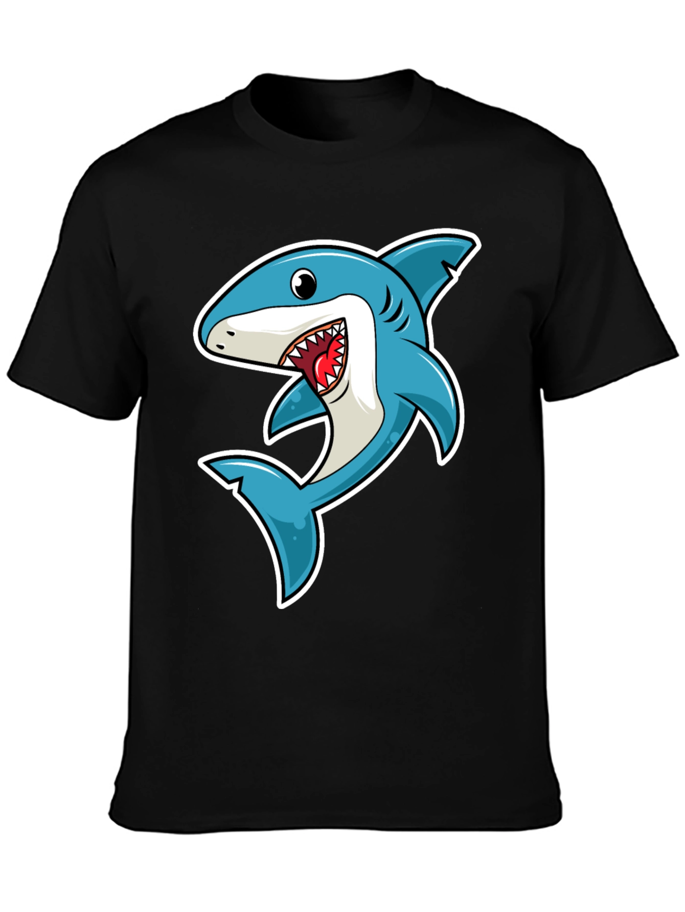 Black Shark Cartoon Graphic Tee - Black Cotton T-Shirt view 3