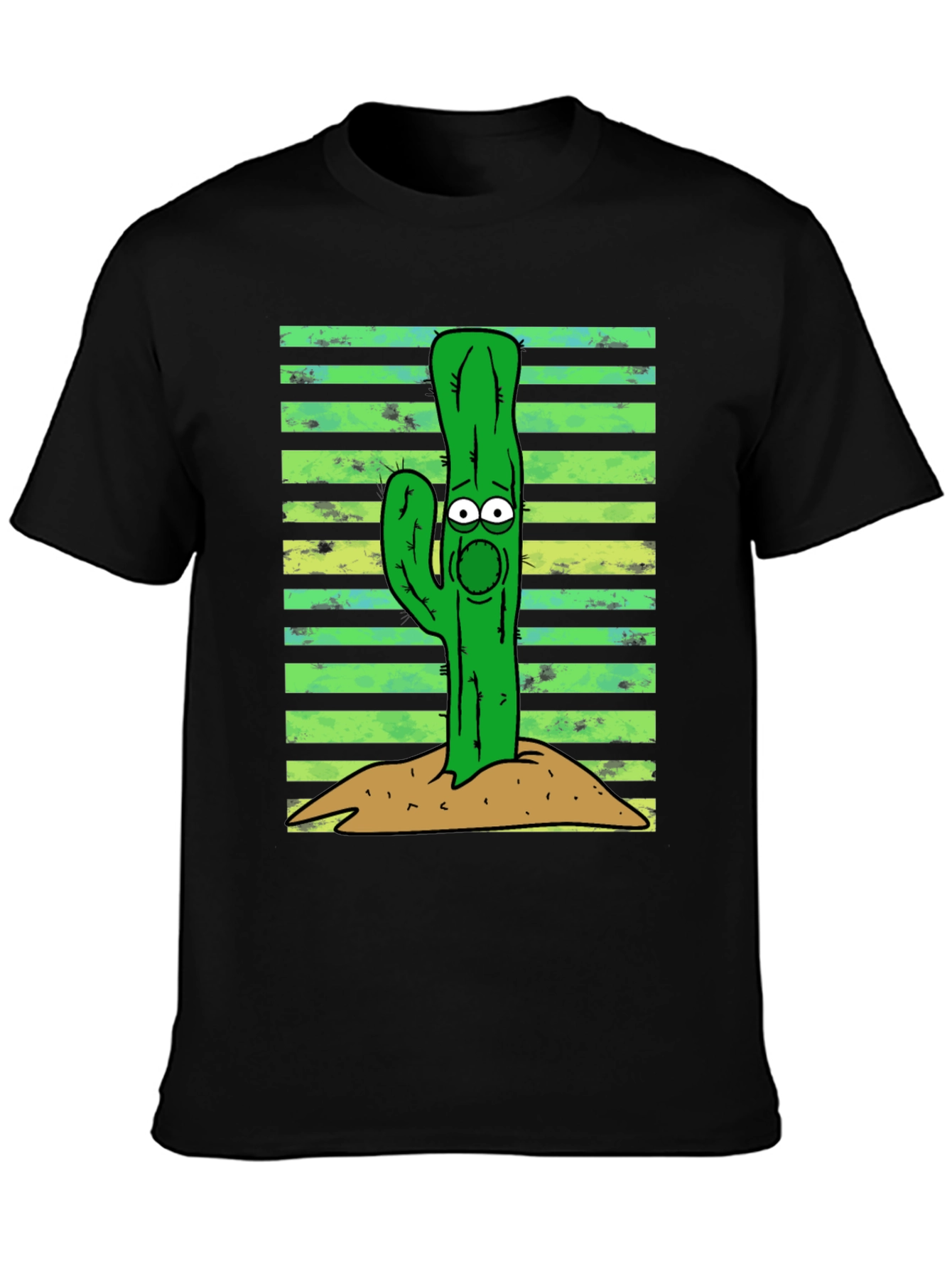 Black Cartoon Cactus Graphic Tee - Unisex Black T-Shirt view 3
