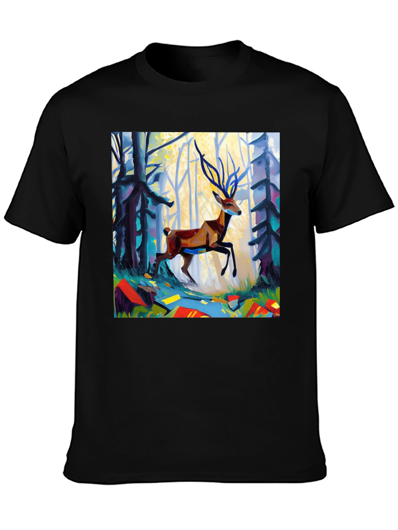 Abstract Deer Forest Graphic Tee - Black Casual T-Shirt - 3