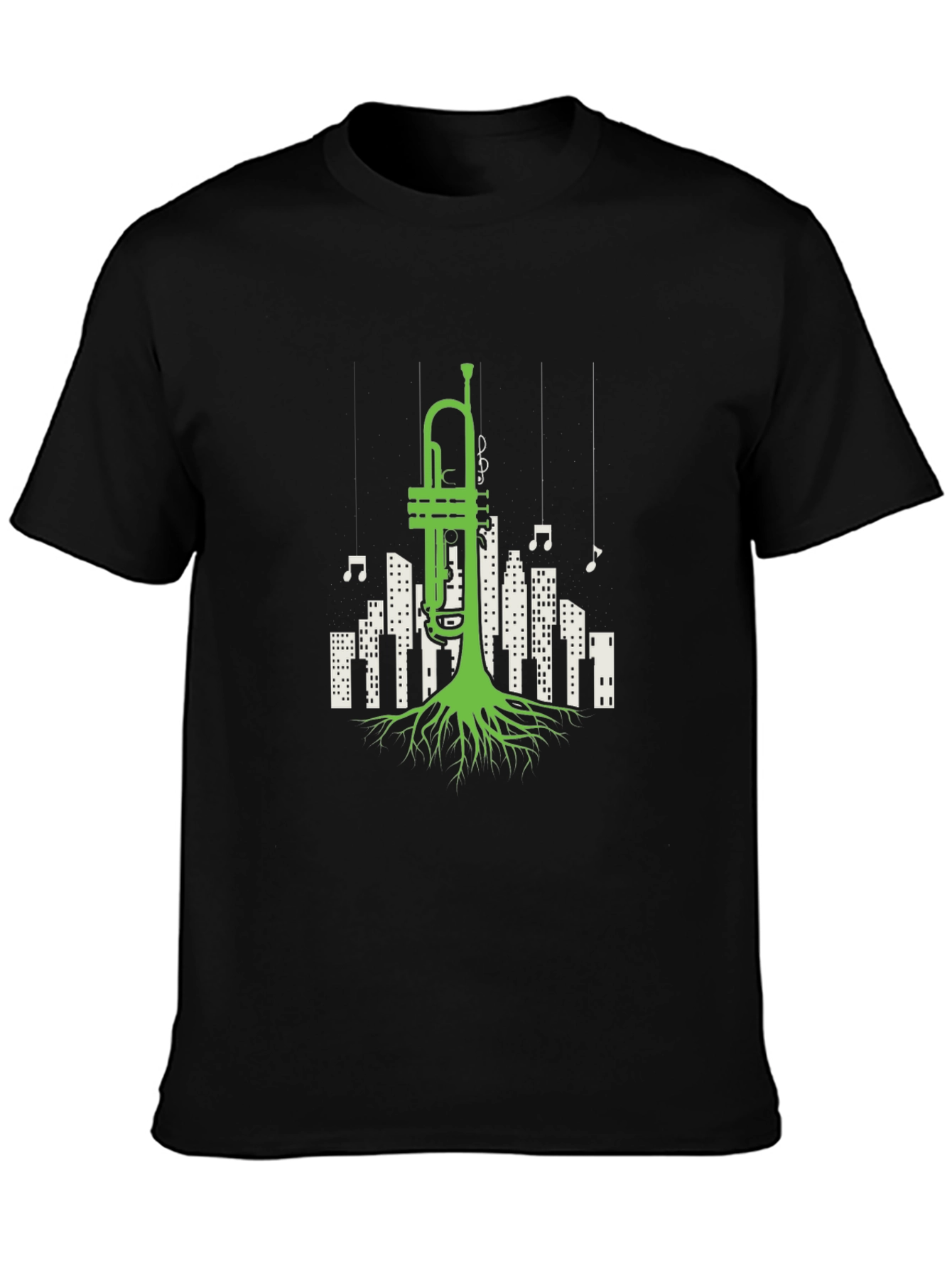 Black Jazz Roots T-Shirt - Trumpet Cityscape Design view 3