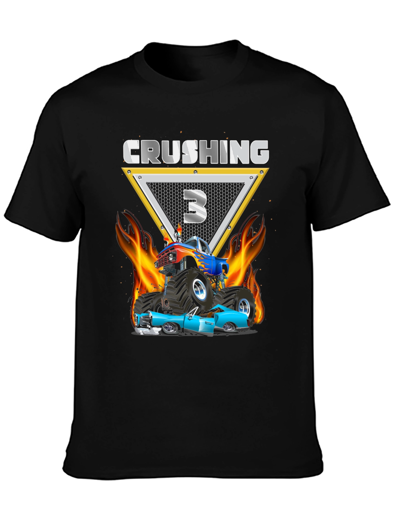 Black Crushing Three Monster Truck Birthday T-Shirt view 3