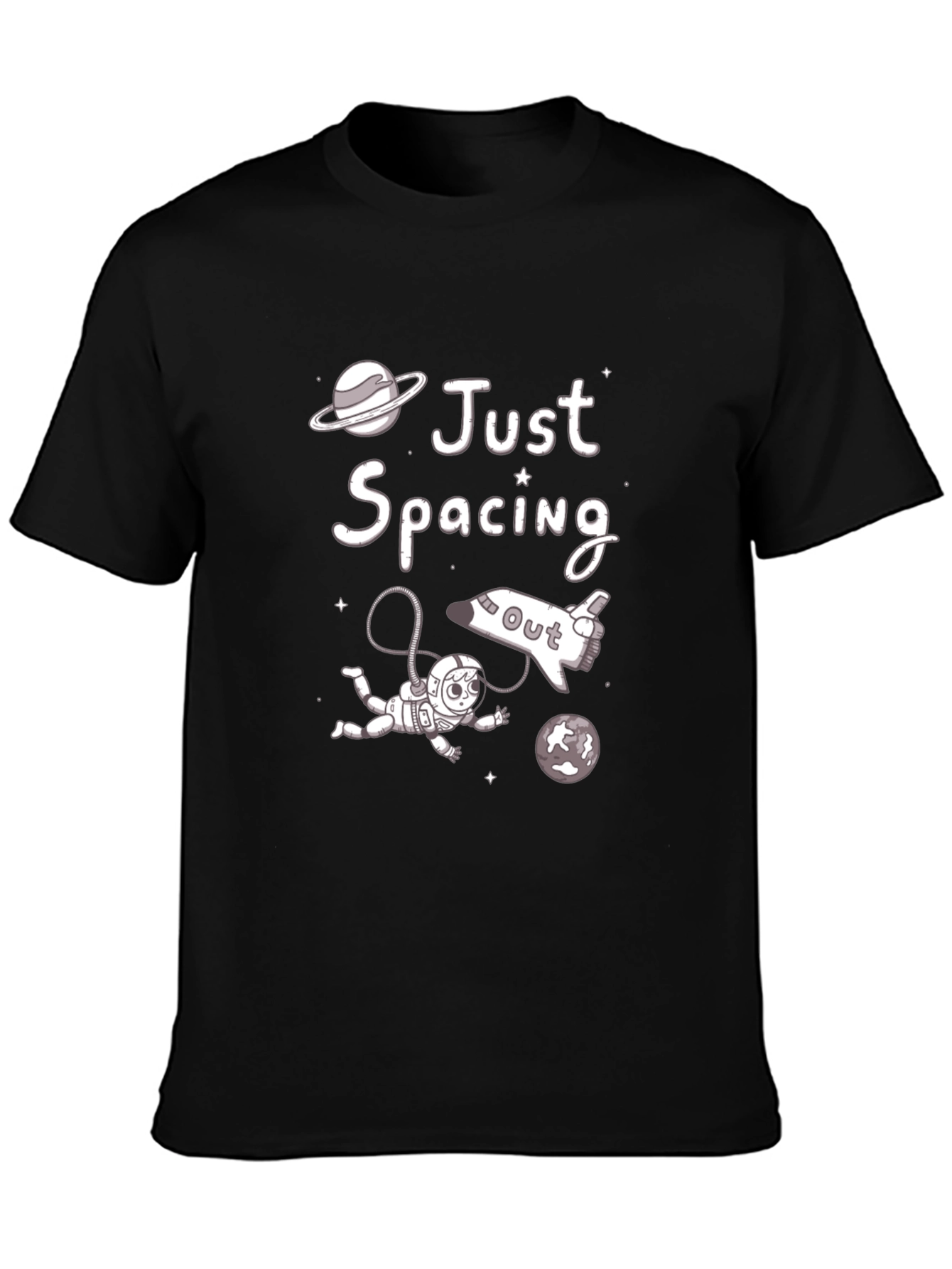 Black Just Spacing Out T-Shirt, Astronaut Graphic Tee view 3