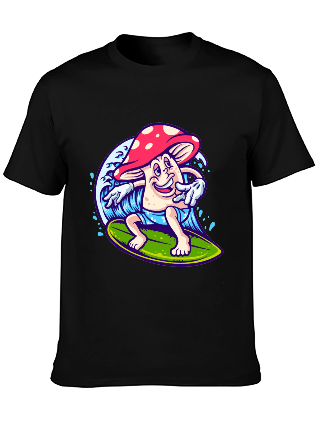 Black Surfing Mushroom Graphic T-Shirt view 3