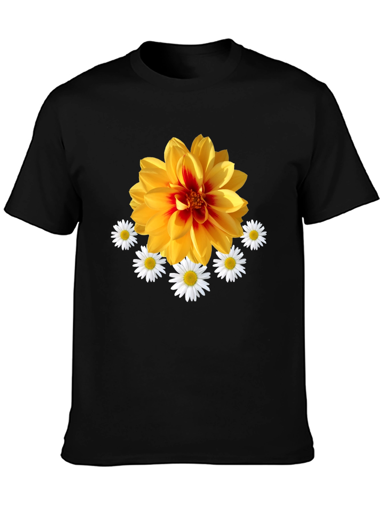 Black Floral Graphic T-Shirt: Yellow Dahlia & Daisies, Black Tee view 3