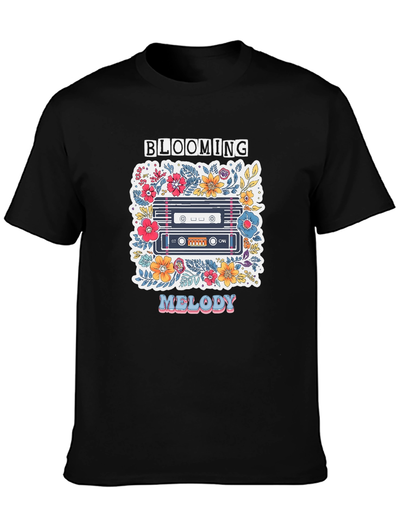 Black Blooming Melody Graphic Tee - Retro Cassette Tape Shirt view 3