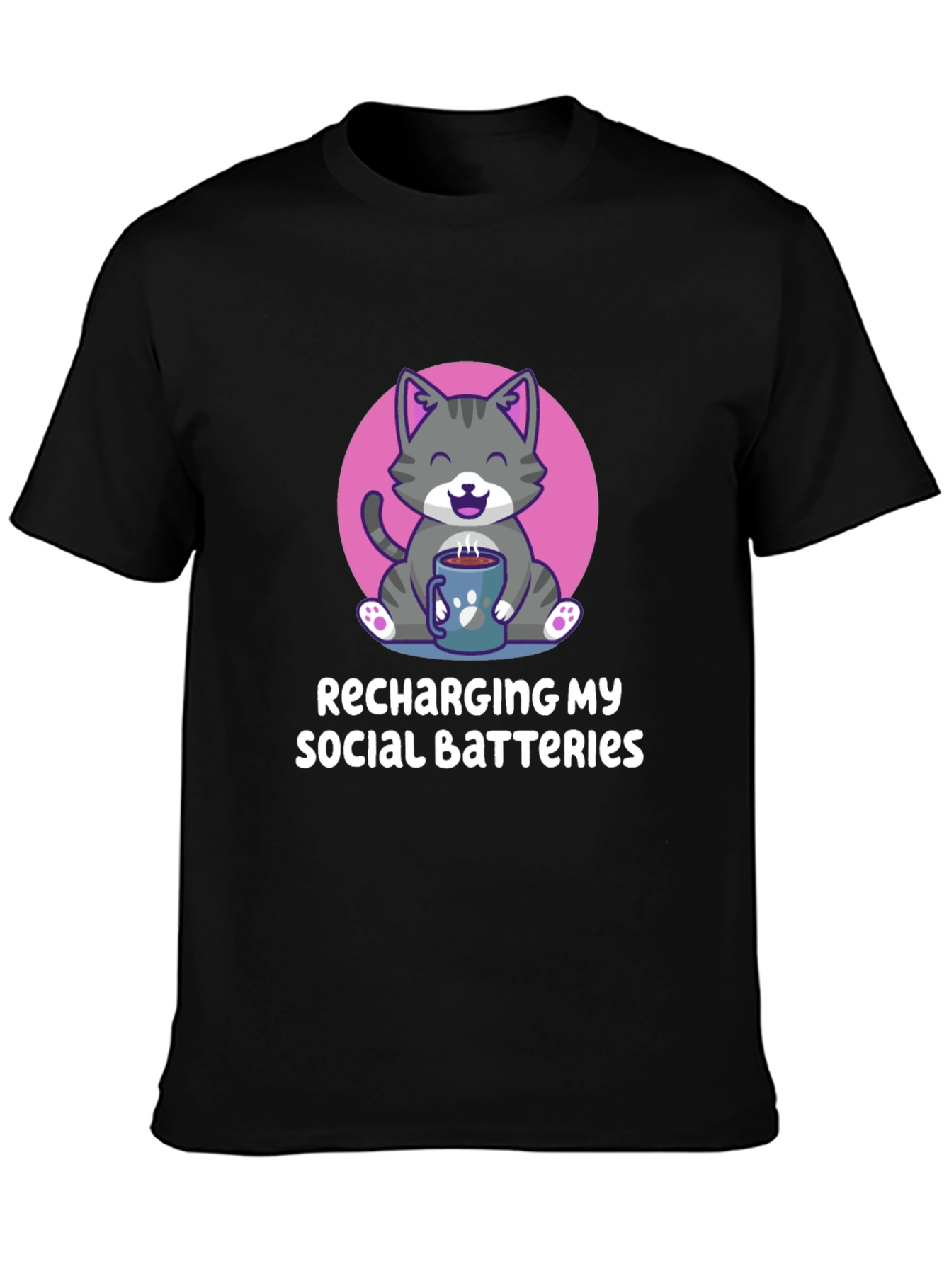 Black Recharging My Social Batteries Cat T-Shirt view 3