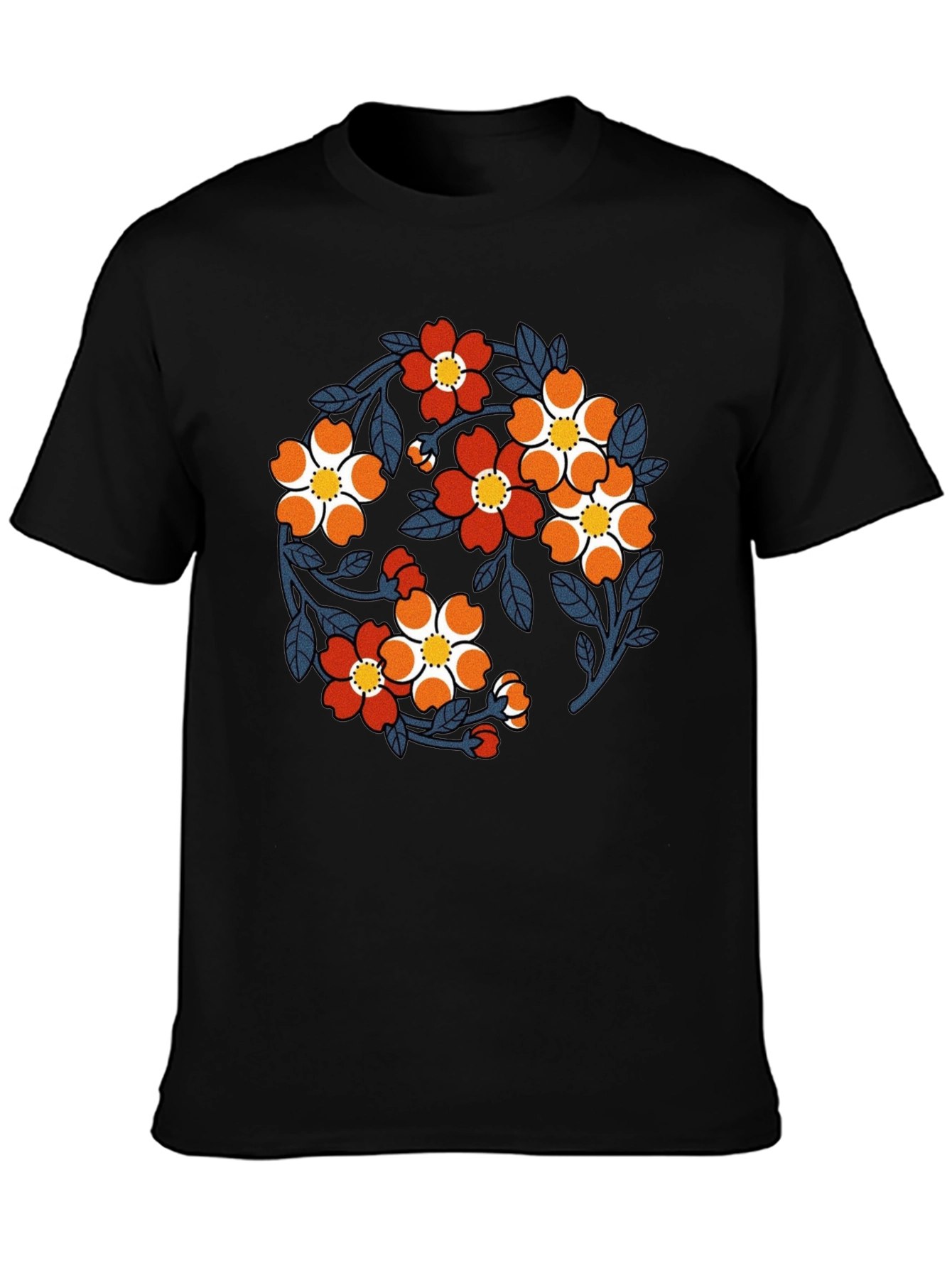 Black Floral Print Black Crew Neck T-Shirt view 3