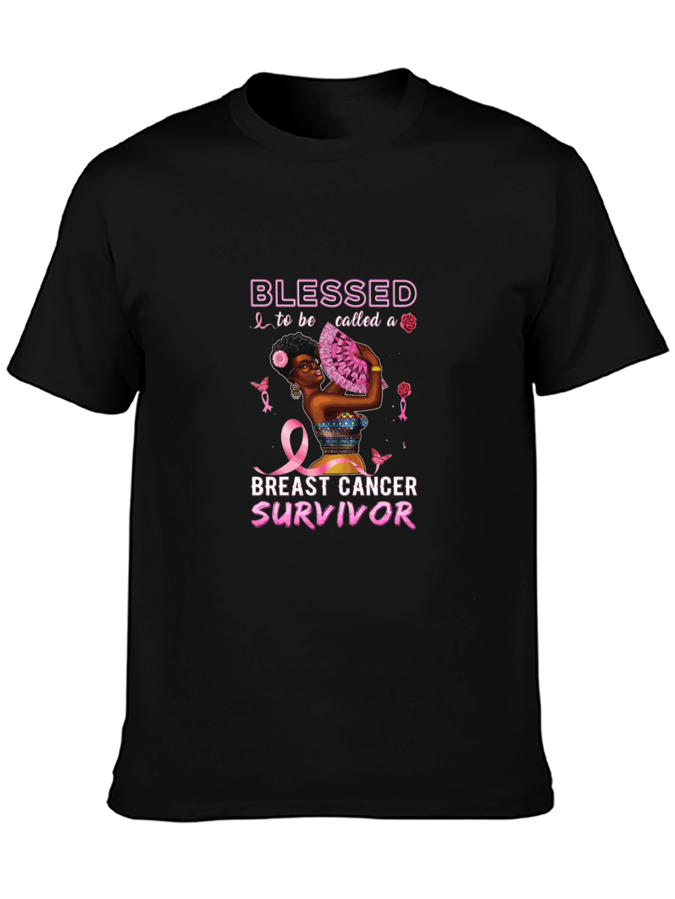 Black Breast Cancer Survivor Blessed Black T-Shirt view 3