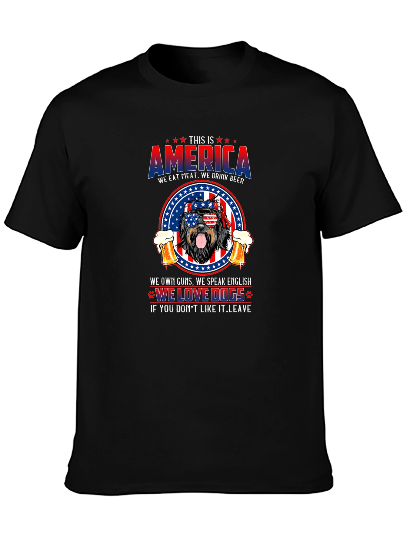 Black Patriotic Dog T-Shirt: America, Meat, Beer, and Dogs view 3