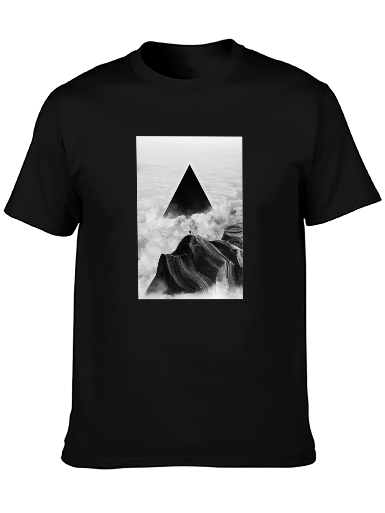 Black Black T-Shirt with Abstract Triangle Mountain Design view 3