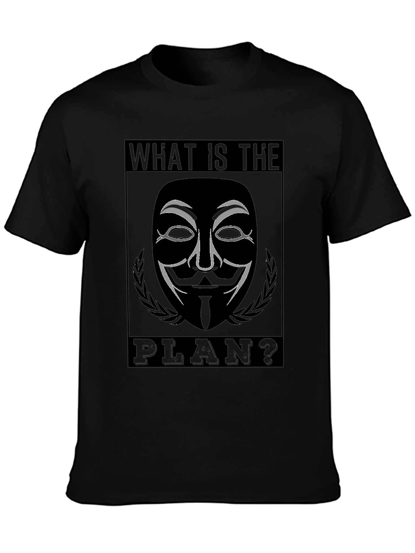 Black Guy Fawkes "What is the Plan?" Black T-Shirt view 3