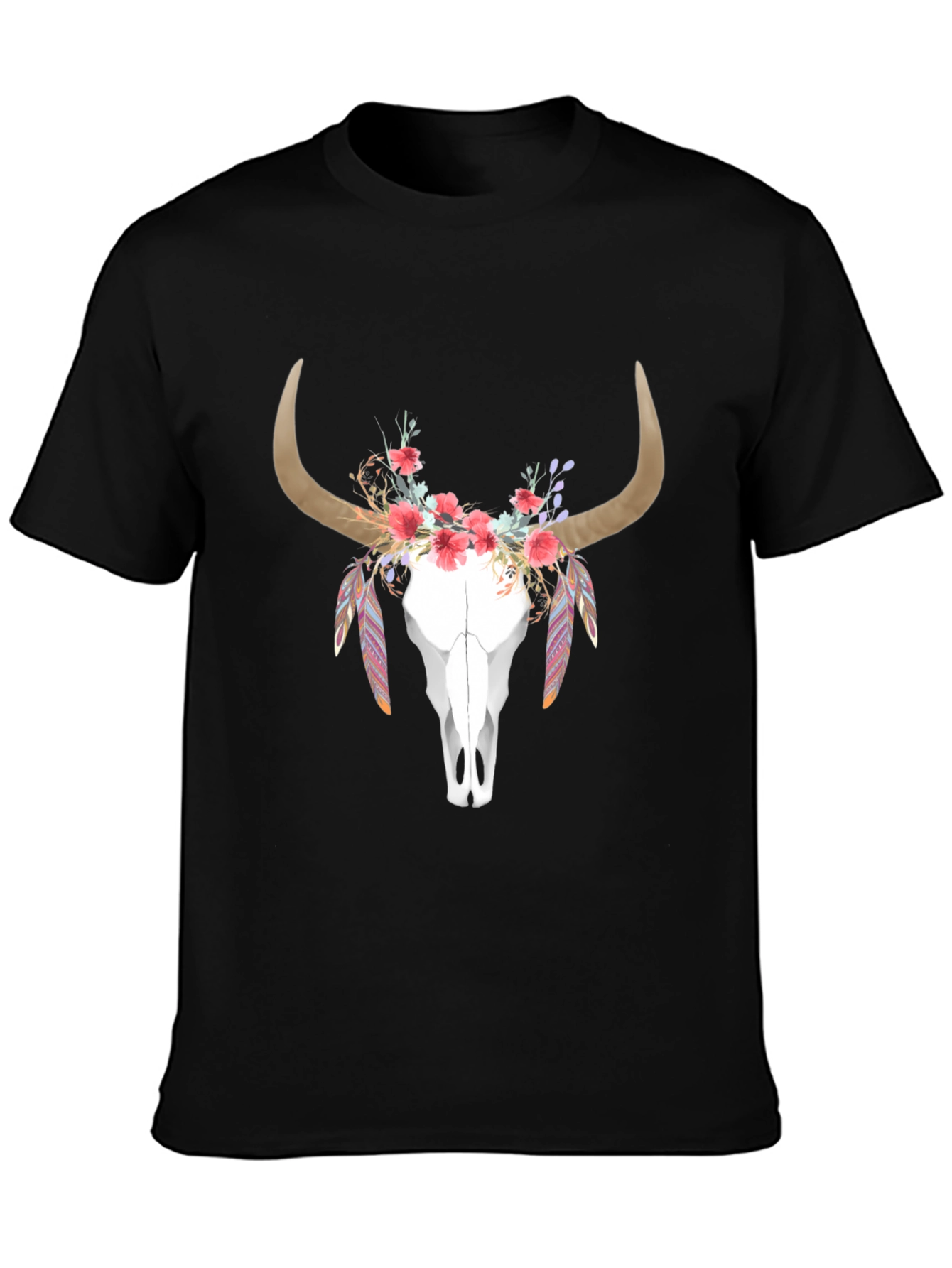 Black Floral Bull Skull Graphic T-Shirt view 3