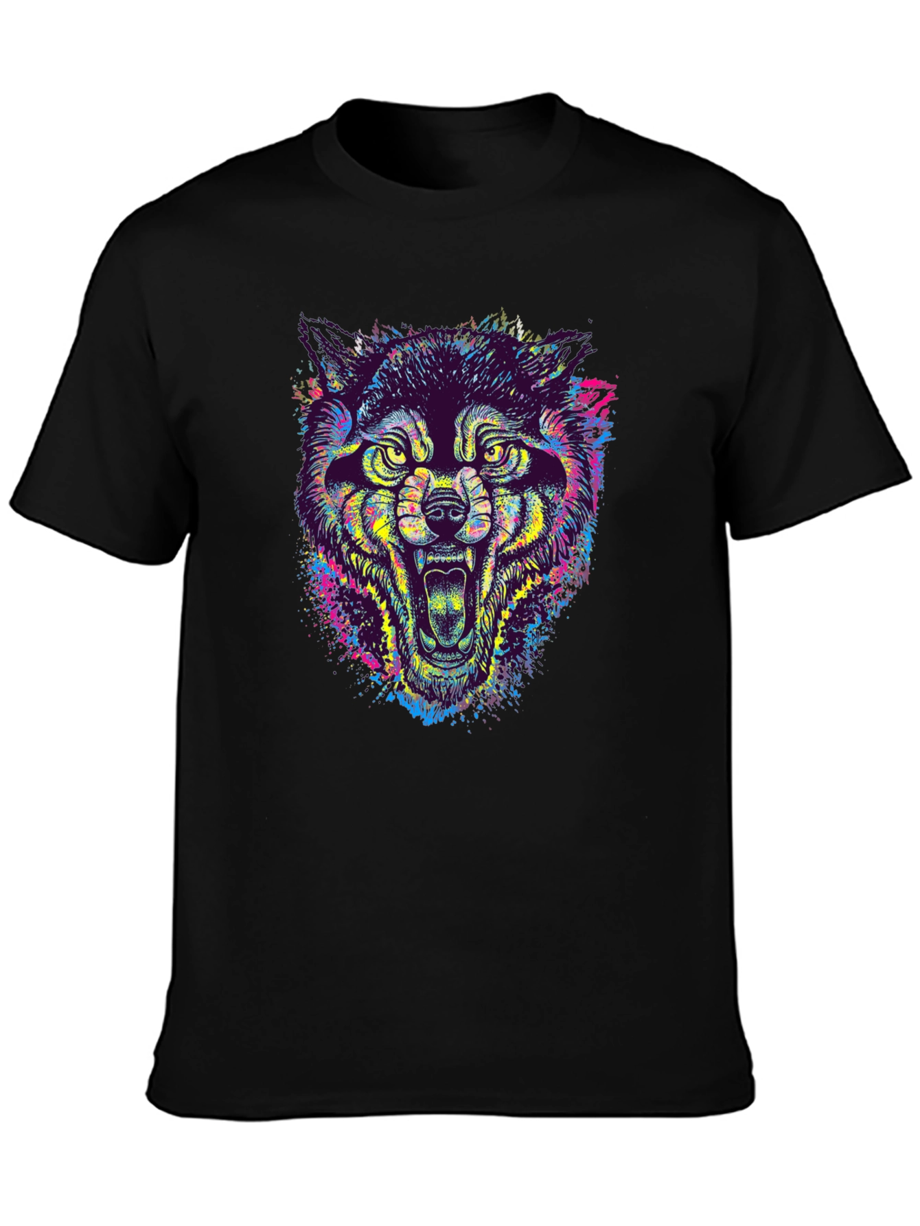 Black Colorful Wolf Graphic Tee - Unique Animal Print T-Shirt view 3