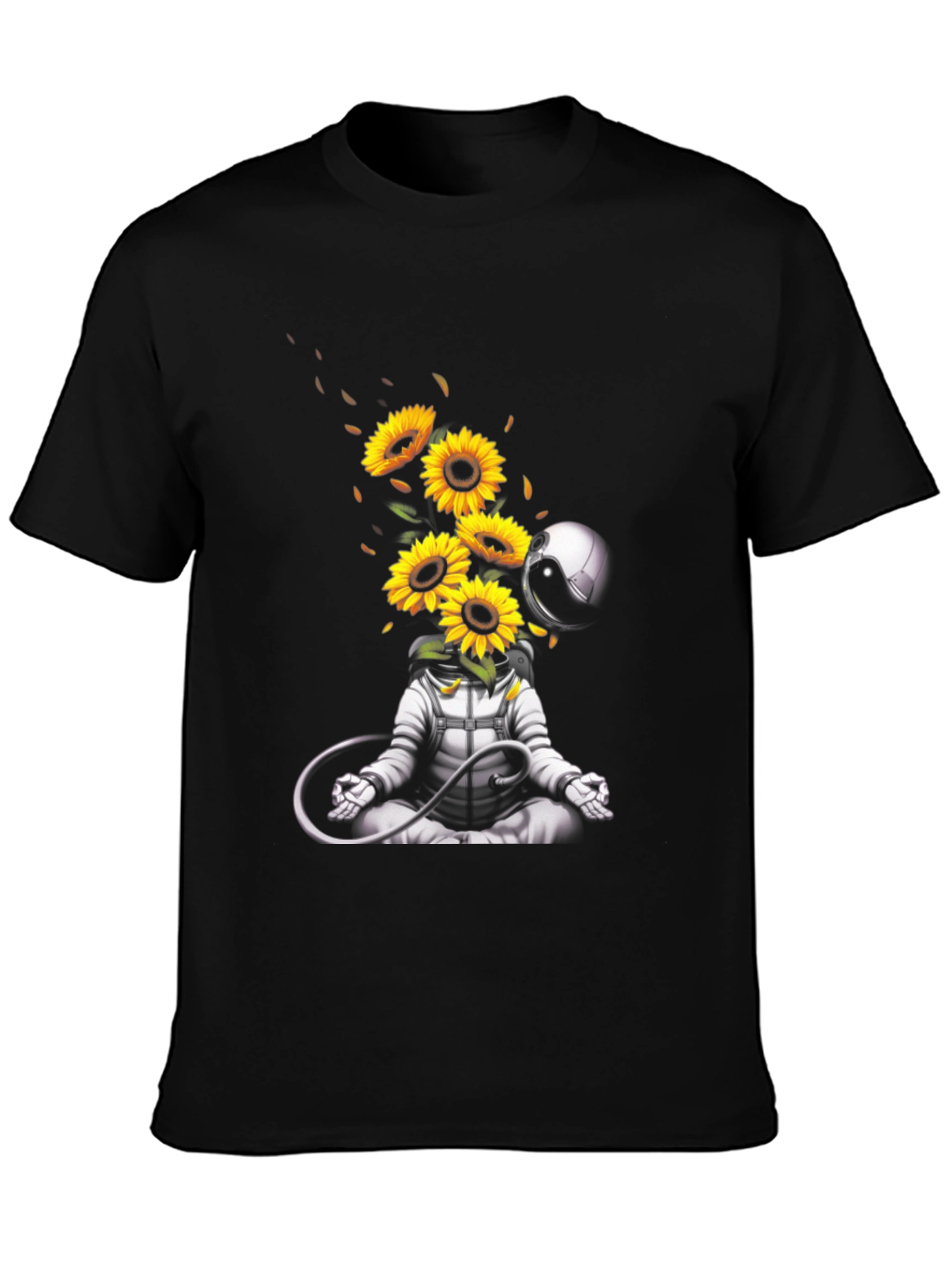 Black Meditating Astronaut with Sunflowers Graphic T-Shirt view 3