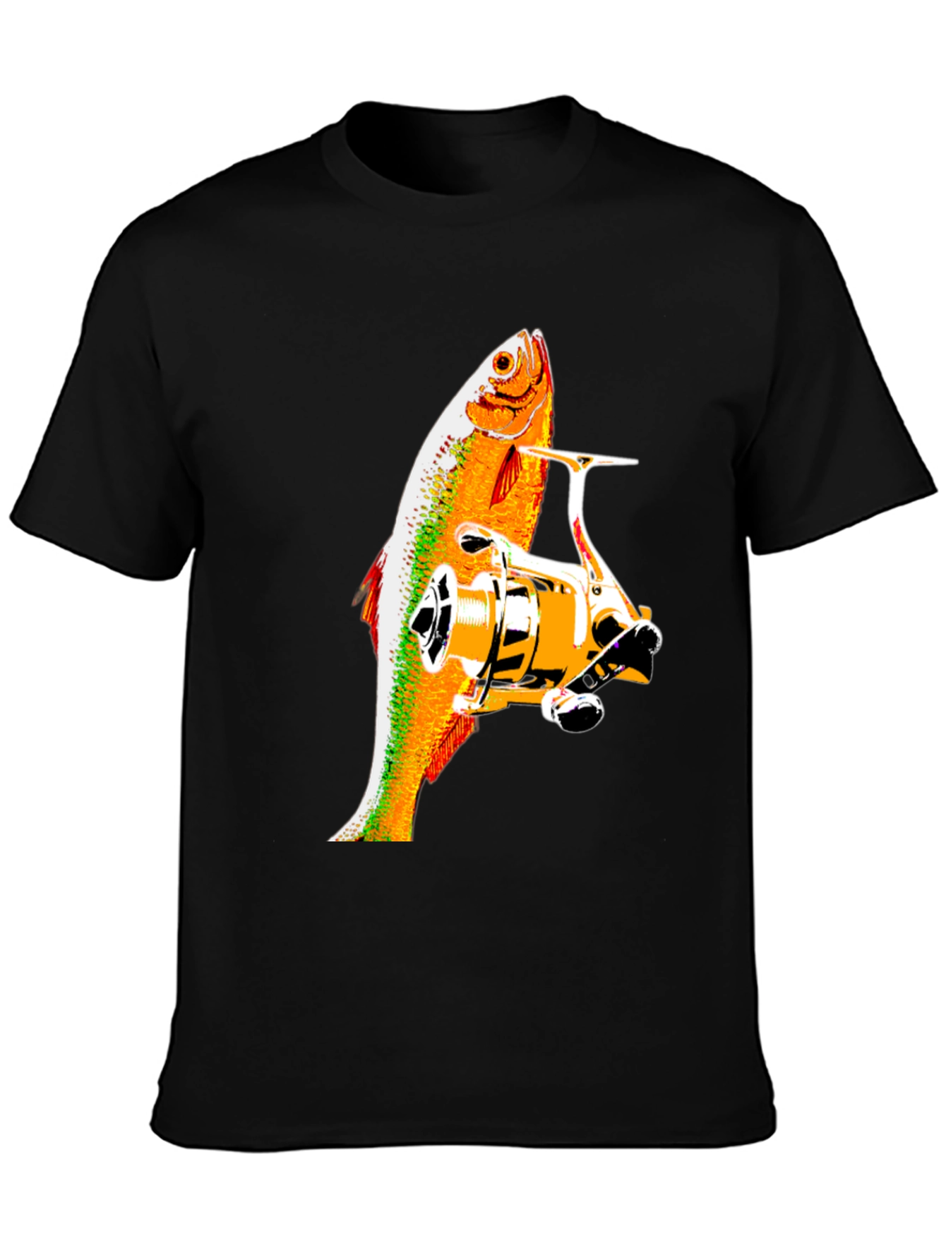 Black Fishing Reel & Fish Graphic Tee - Black Cotton Shirt view 3